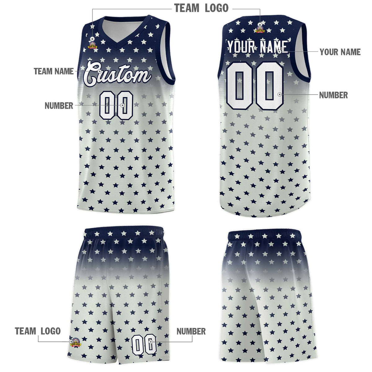 Custom Navy Gray Gradient Start Pattern Basketball Jersey Kits|KXKSHOP