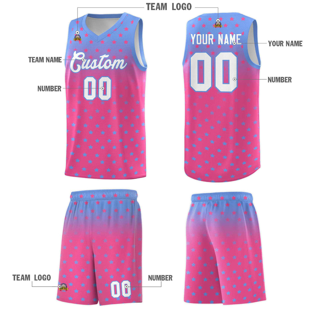 Custom Light Blue Pink Gradient Start Pattern Basketball Jersey Kits|KXKSHOP