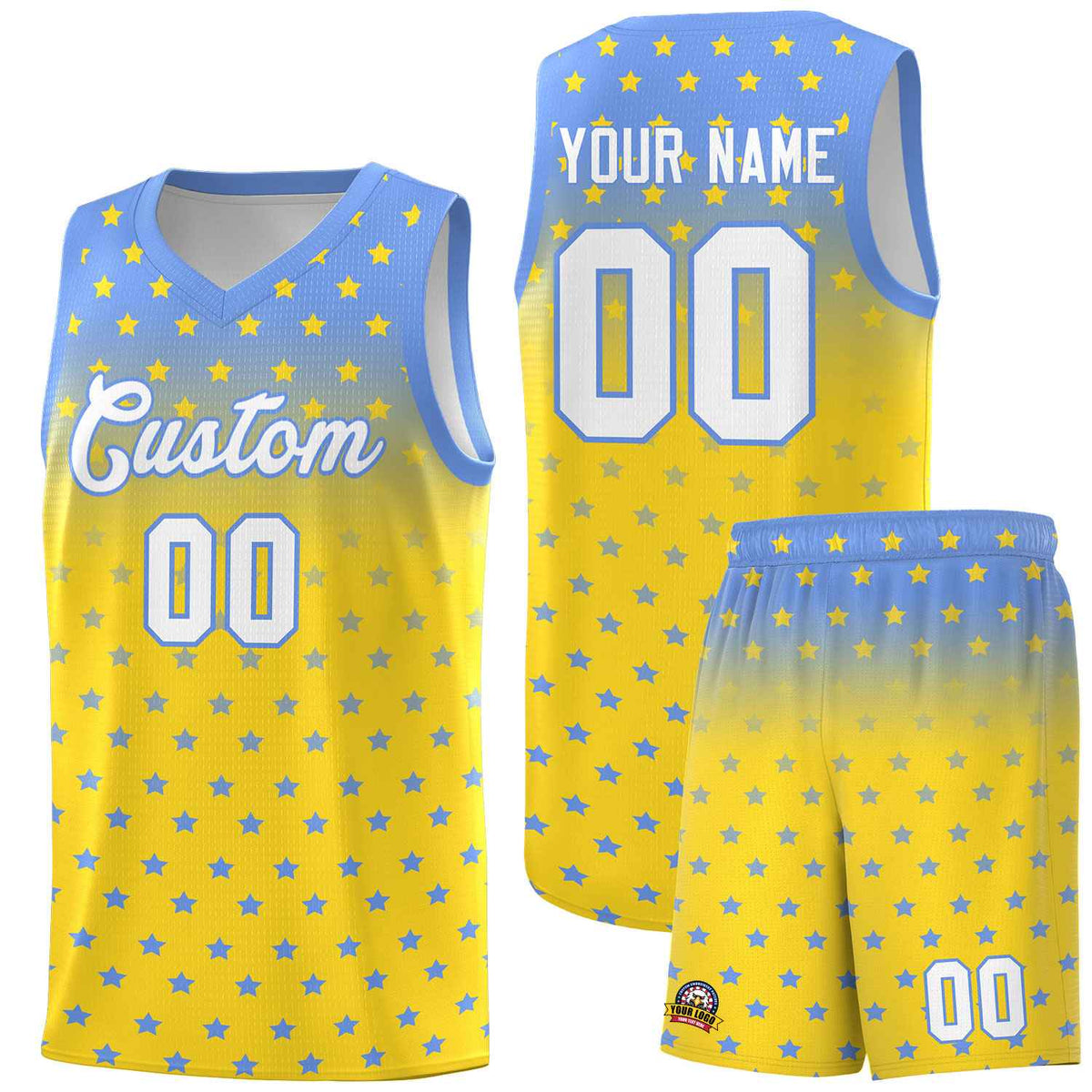 Custom Light Blue Gold Gradient Start Pattern Basketball Jersey Kits|KXKSHOP