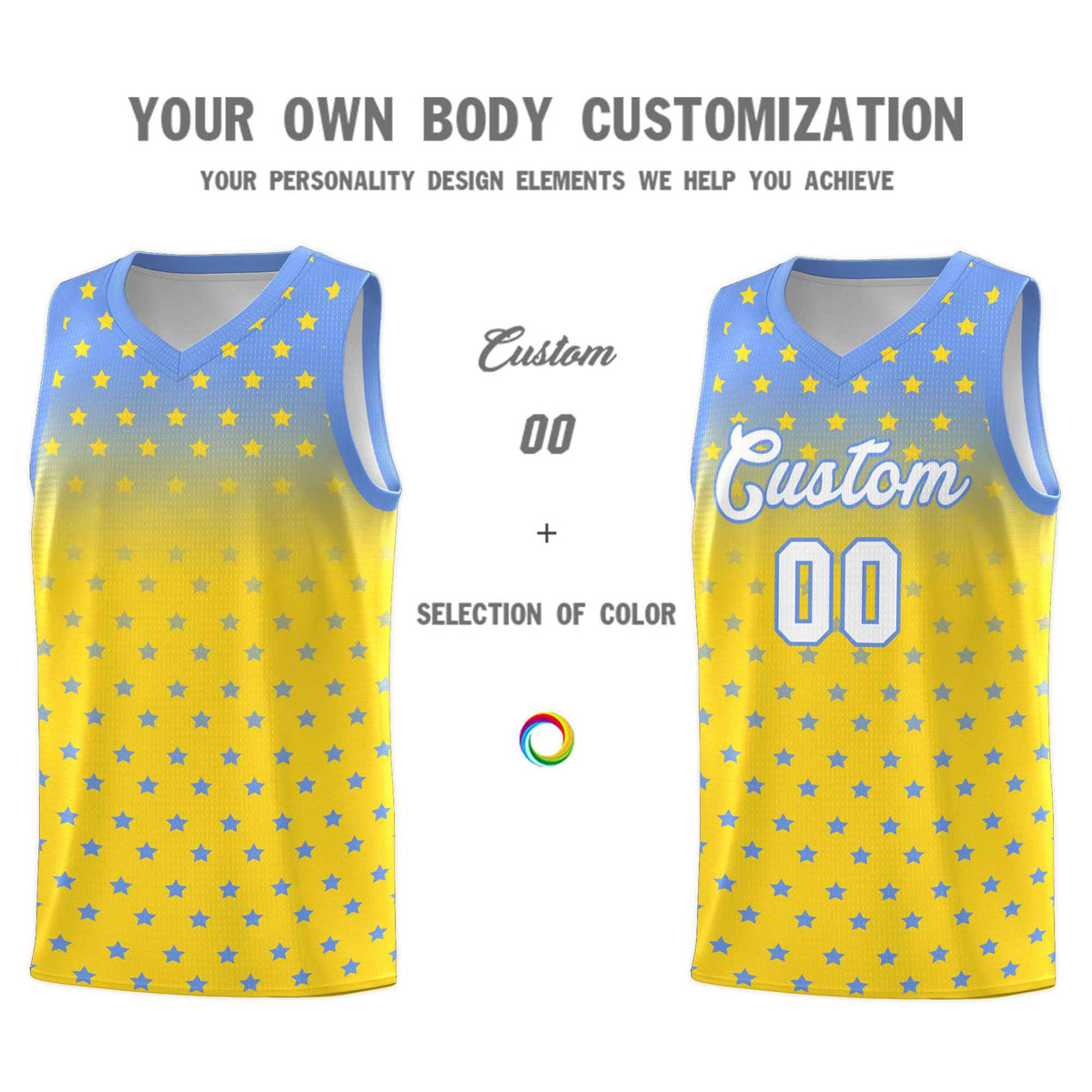 Custom Light Blue Gold Gradient Start Pattern Basketball Jersey Kits|KXKSHOP