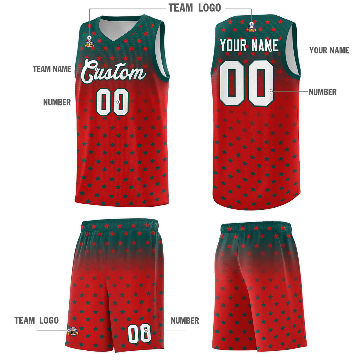 Custom Midnight Green Red Gradient Start Pattern Basketball Jersey Kits|KXKSHOP