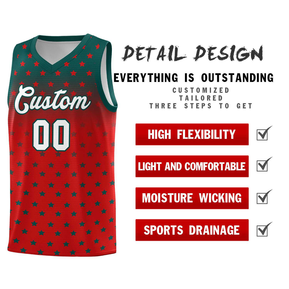 Custom Midnight Green Red Gradient Start Pattern Basketball Jersey Kits|KXKSHOP