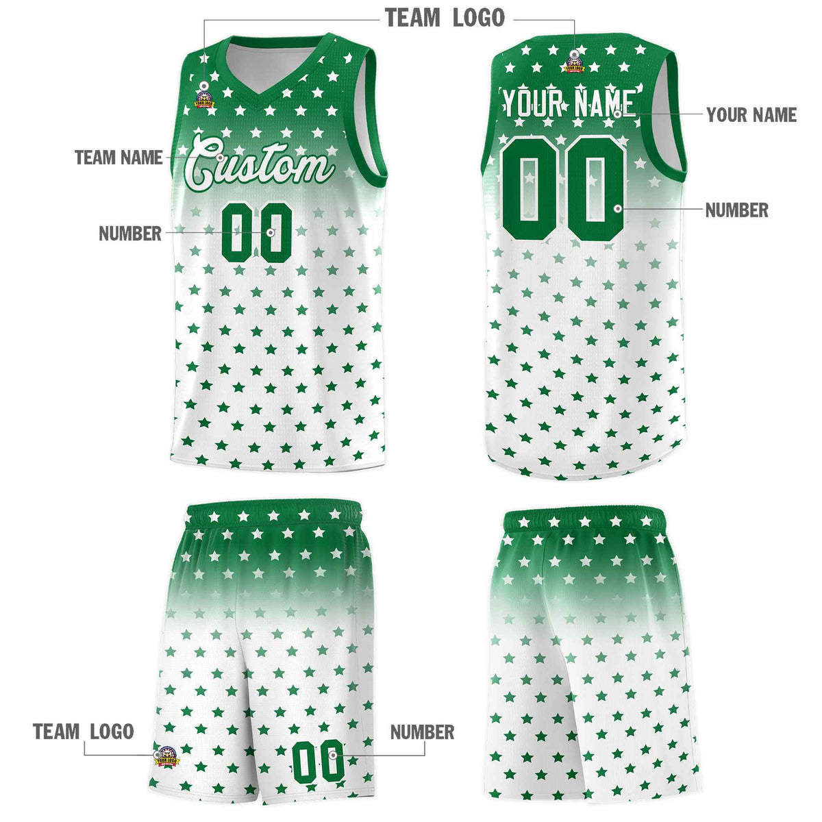 Custom Kelly Green White Gradient Start Pattern Basketball Jersey Kits|KXKSHOP