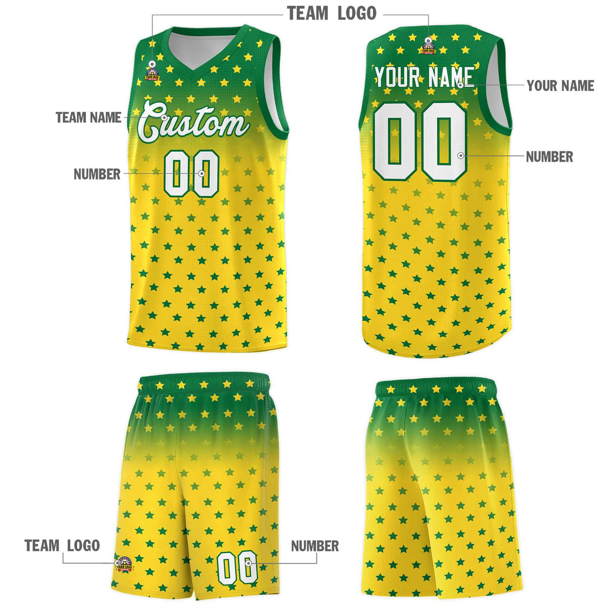 Custom Kelly Green Gold Gradient Start Pattern Basketball Jersey Kits|KXKSHOP