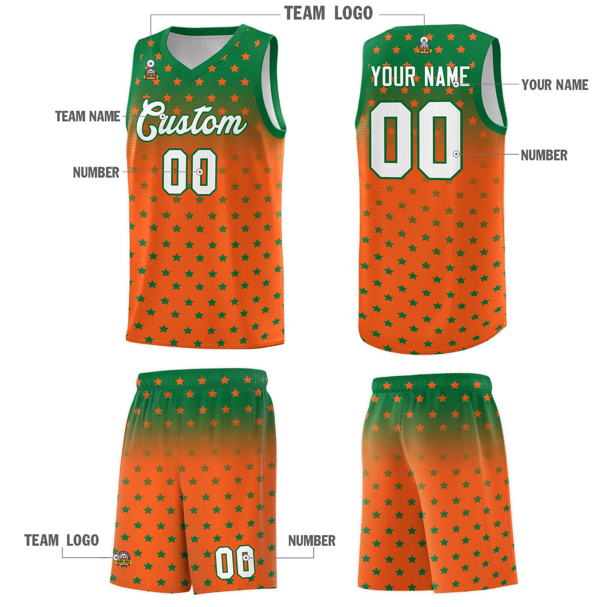 Custom Kelly Green Orange Gradient Start Pattern Basketball Jersey Kits|KXKSHOP