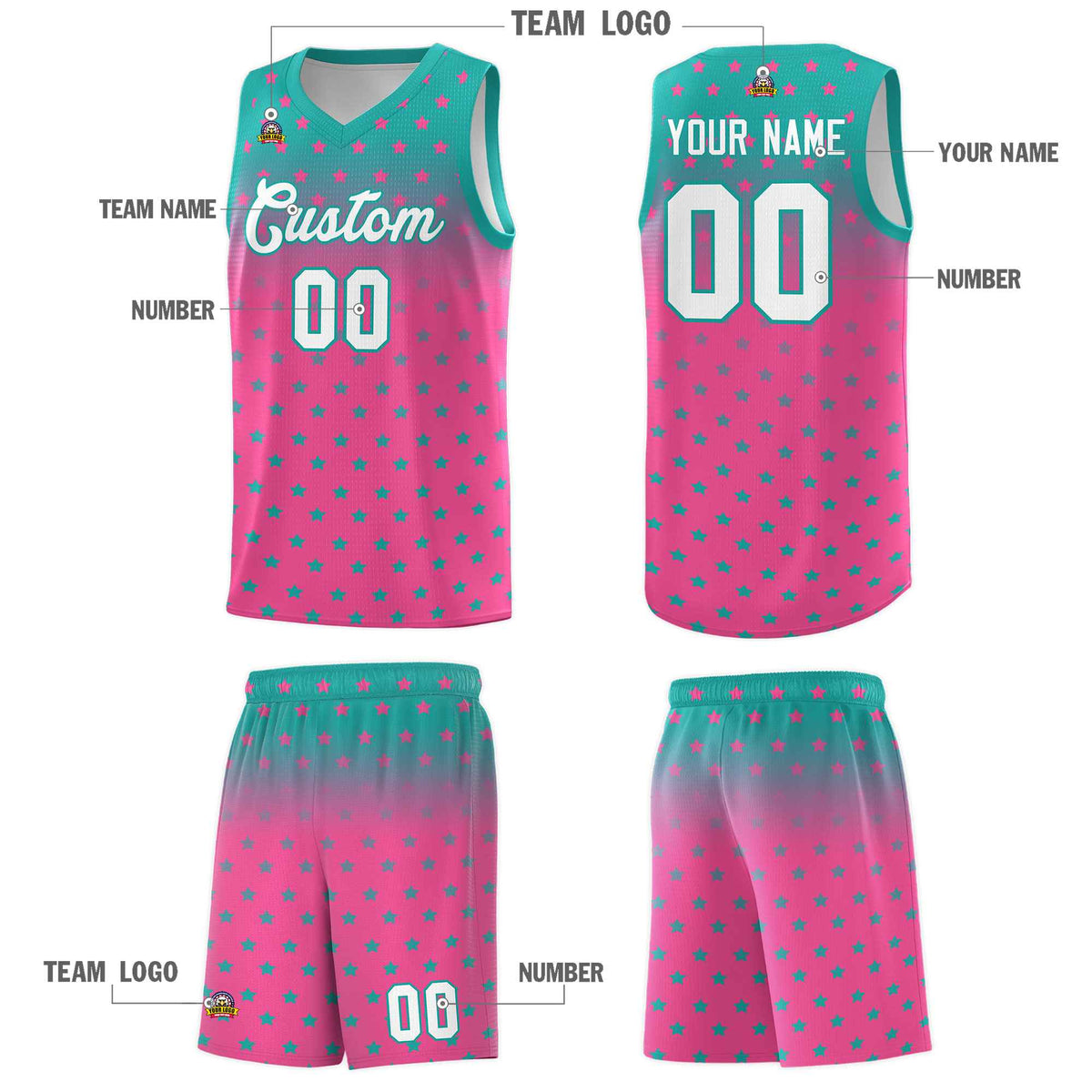 Custom Aqua Pink Gradient Start Pattern Basketball Jersey Kits|KXKSHOP