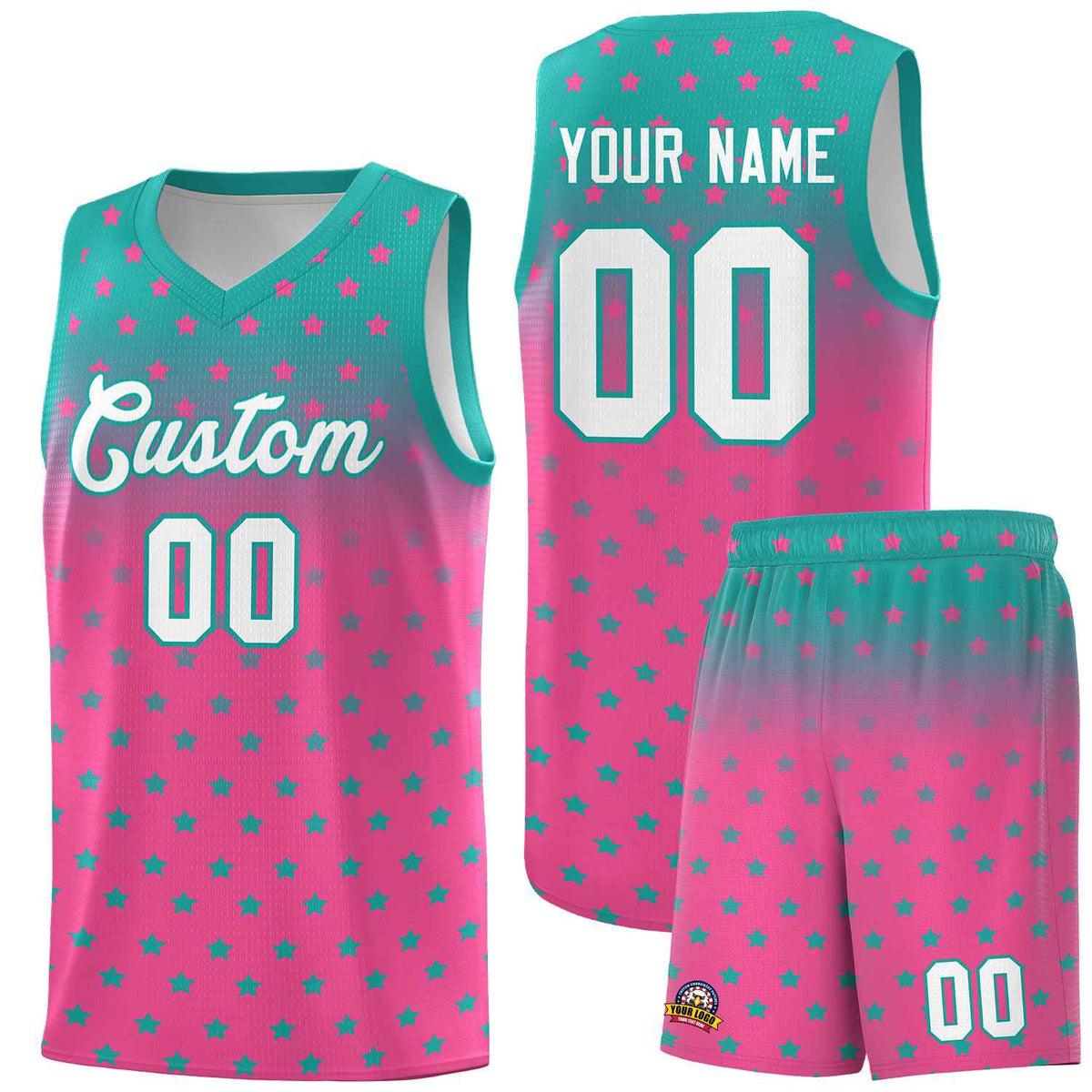 Custom Aqua Pink Gradient Start Pattern Basketball Jersey Kits|KXKSHOP