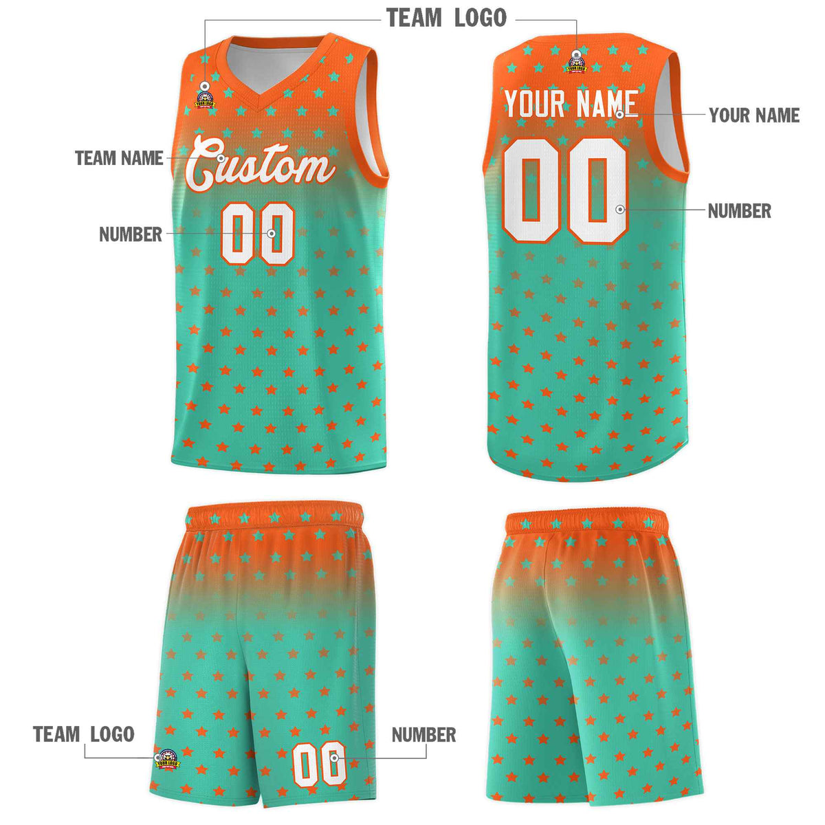Custom Orange Aqua Gradient Start Pattern Basketball Jersey Kits|KXKSHOP