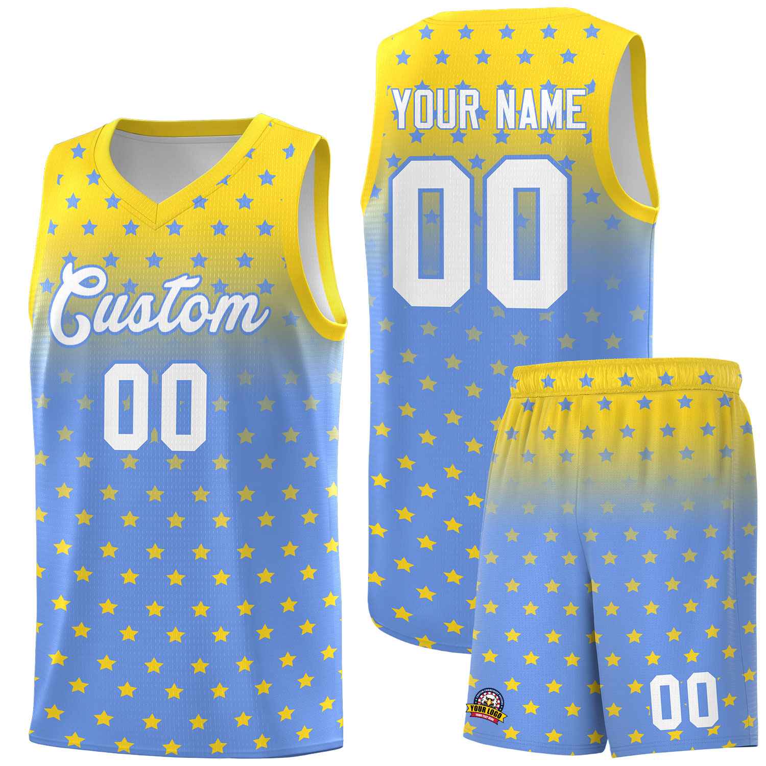 Custom Gold Light Blue Gradient Start Pattern Basketball Jersey Kits|KXKSHOP