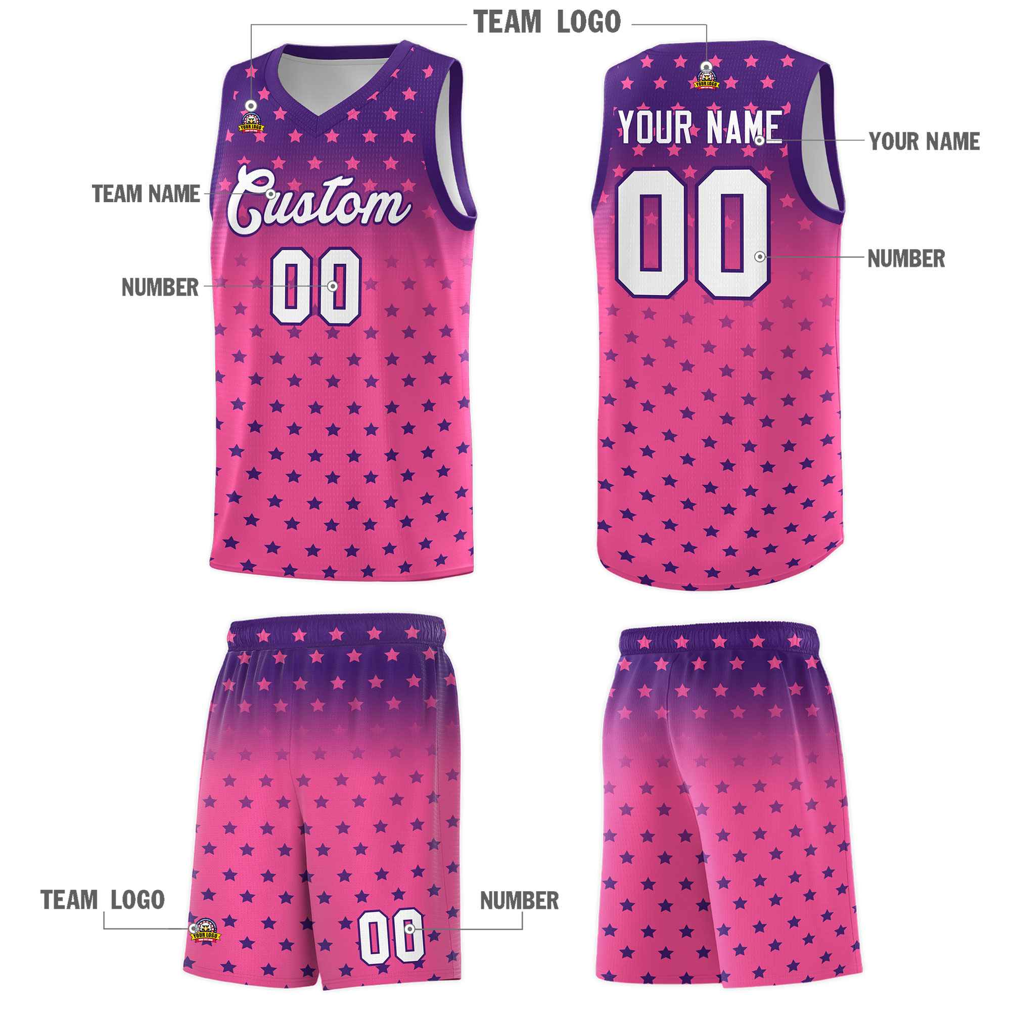 Custom Purple Pink Gradient Start Pattern Basketball Jersey Kits|KXKSHOP