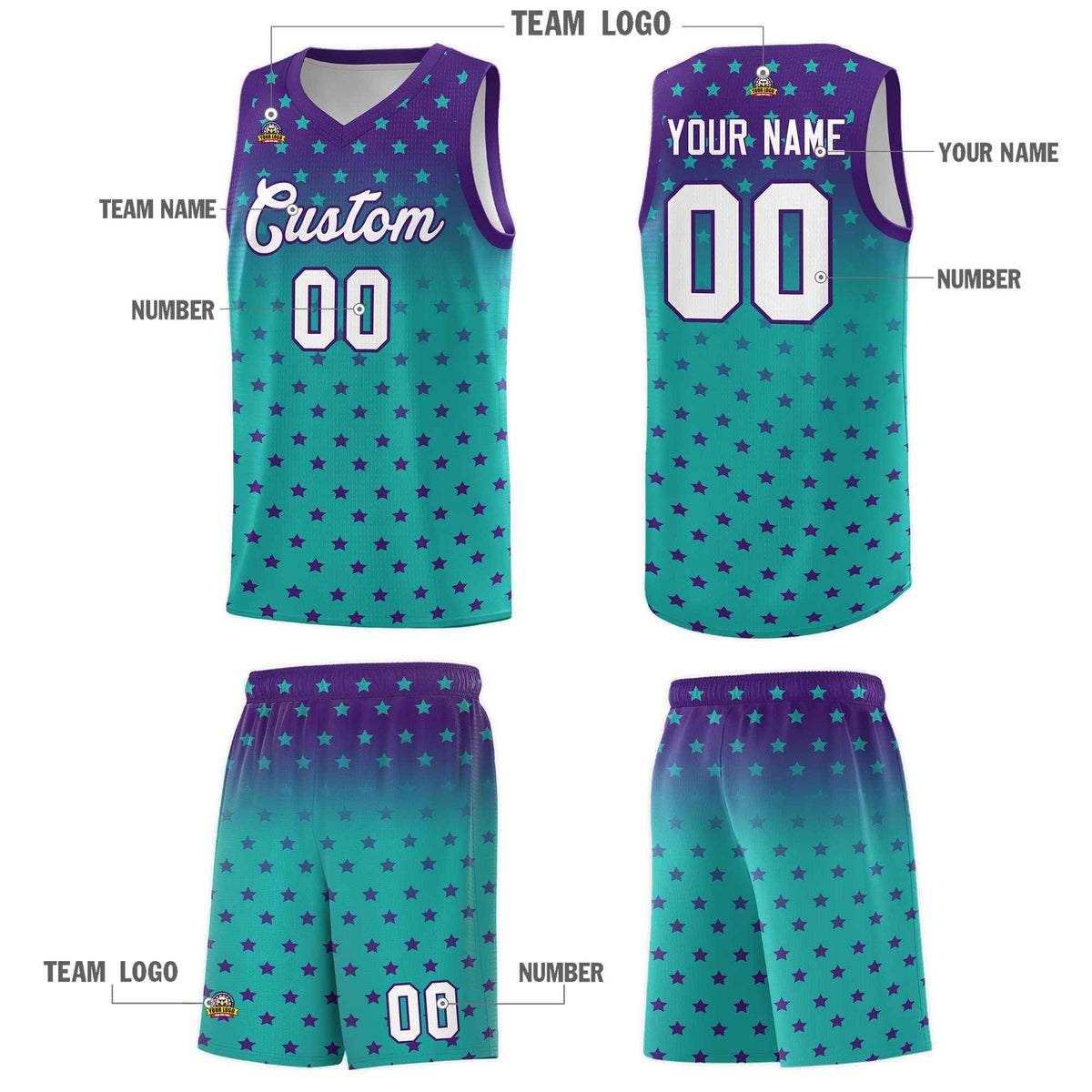 Custom Purple Aqua Gradient Start Pattern Basketball Jersey Kits|KXKSHOP