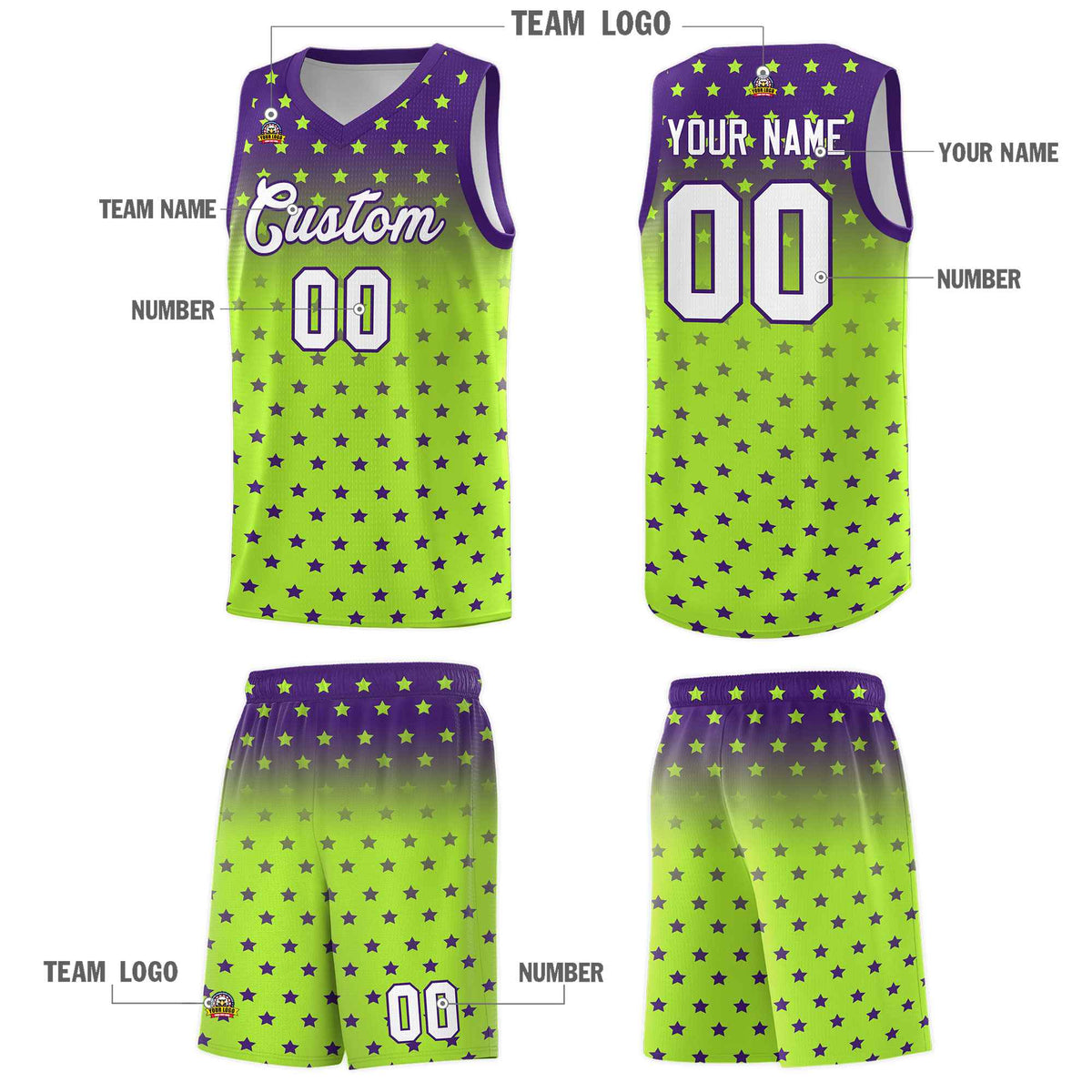 Custom Purple Light Green Gradient Start Pattern Basketball Jersey Kits|KXKSHOP