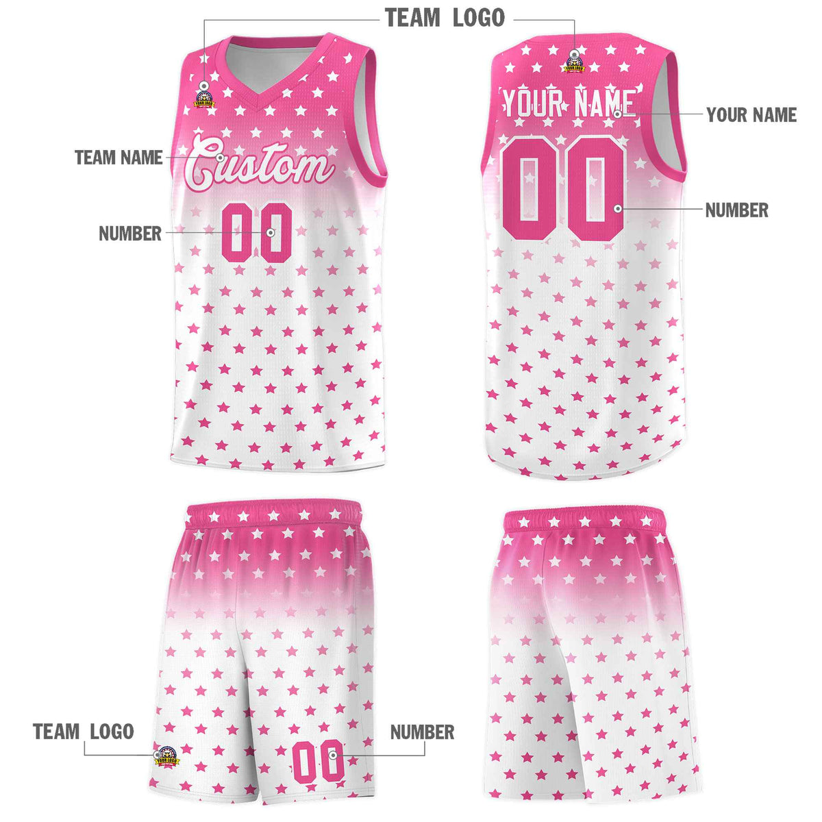 Custom Pink White Gradient Start Pattern Basketball Jersey Kits|KXKSHOP