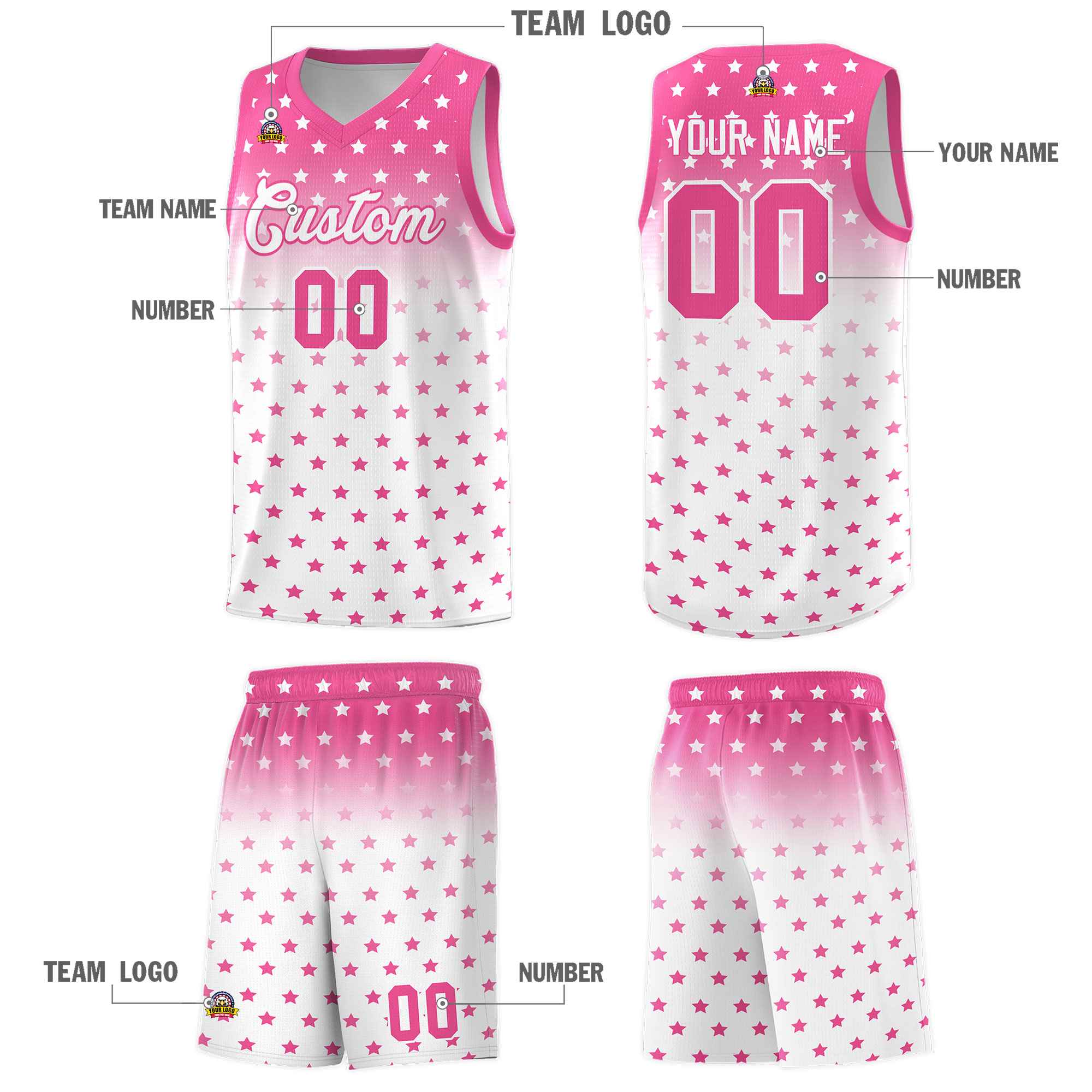 Custom Pink White Gradient Start Pattern Basketball Jersey Kits|KXKSHOP