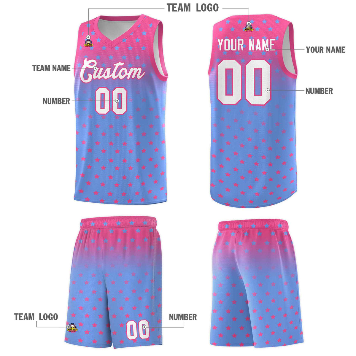 Custom Pink Light Blue Gradient Start Pattern Basketball Jersey Kits|KXKSHOP