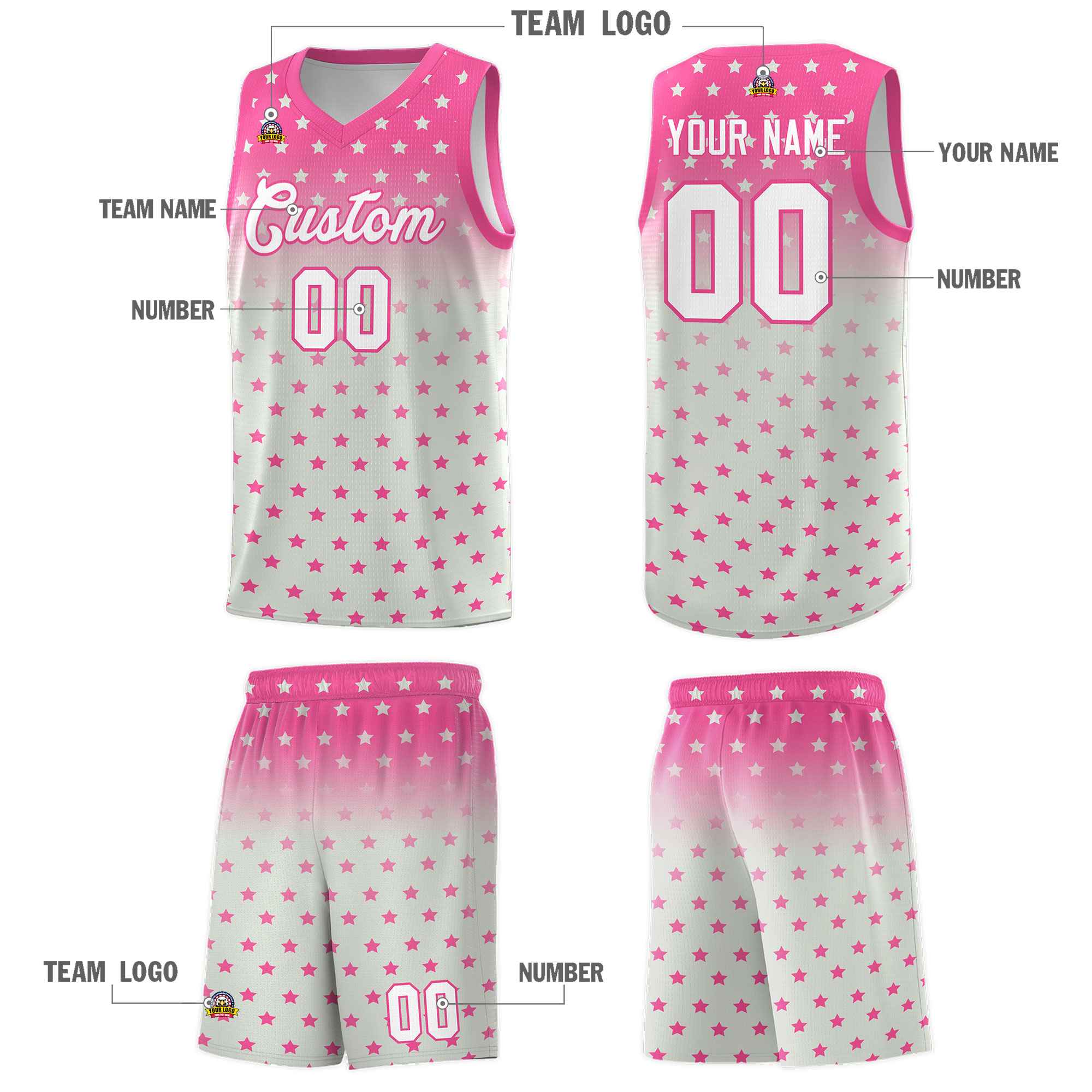 Custom Pink Gray Gradient Start Pattern Basketball Jersey Kits|KXKSHOP