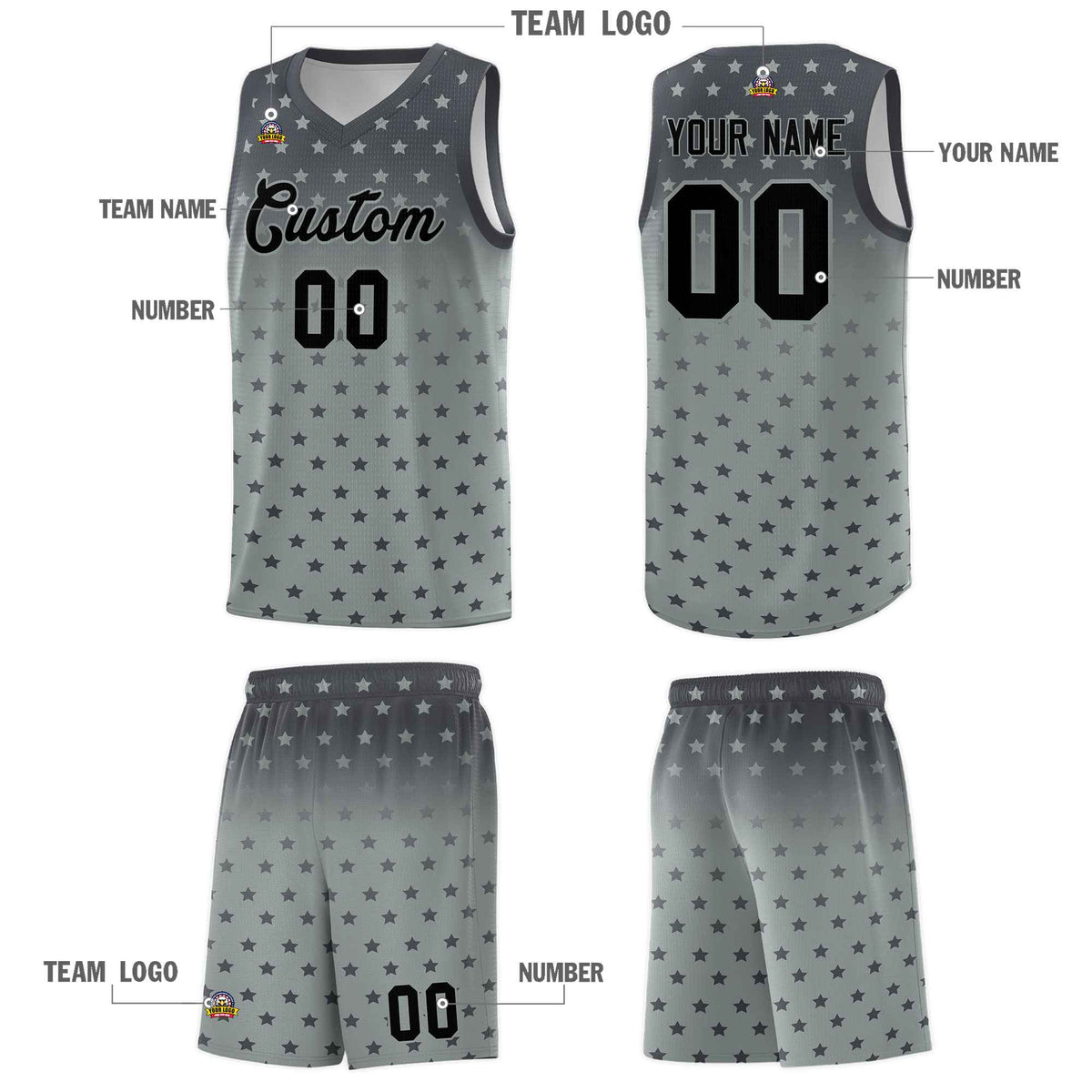 Custom Dark Gray Silver Gradient Start Pattern Basketball Jersey Kits|KXKSHOP