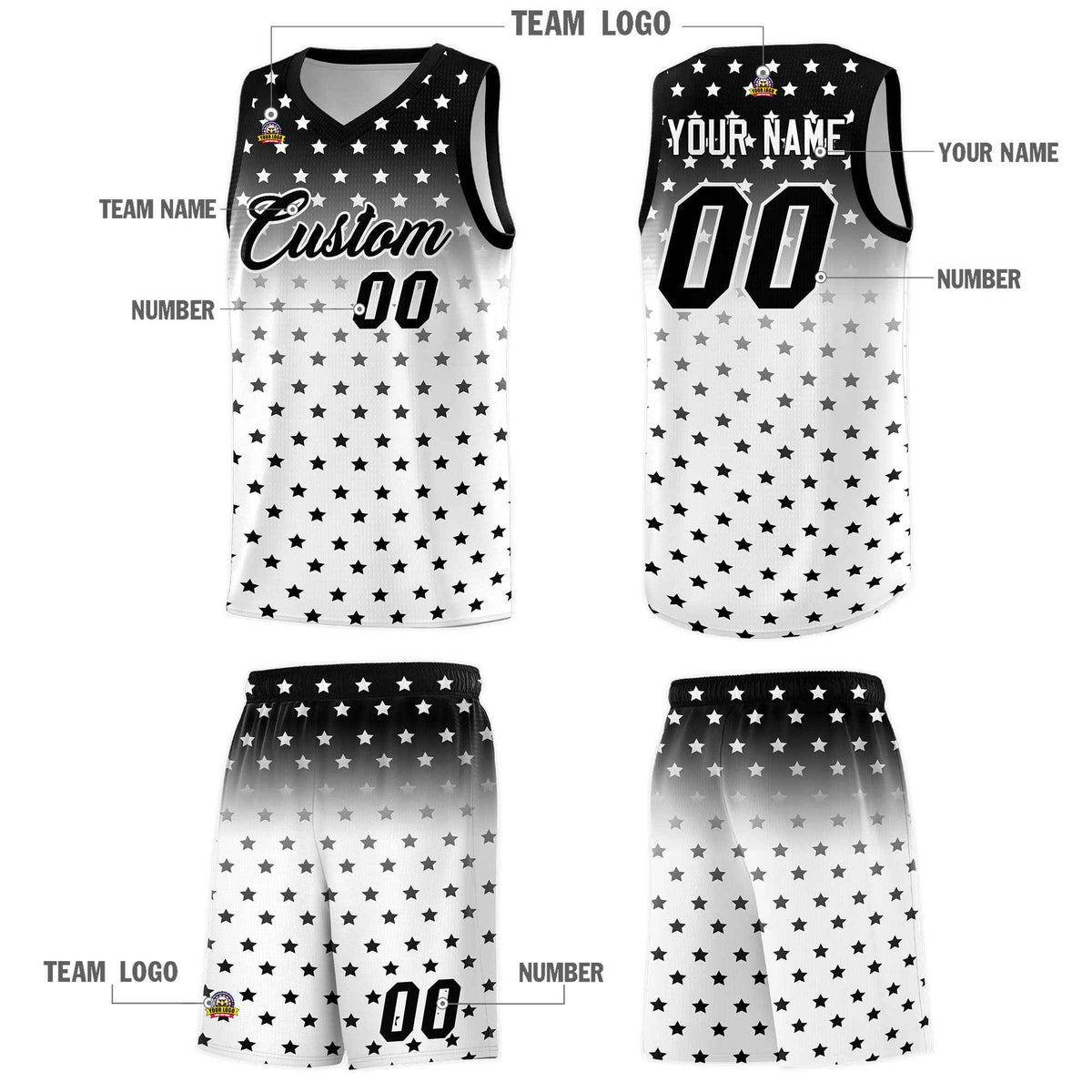 Custom Black White Gradient Start Pattern Basketball Jersey Kits|KXKSHOP