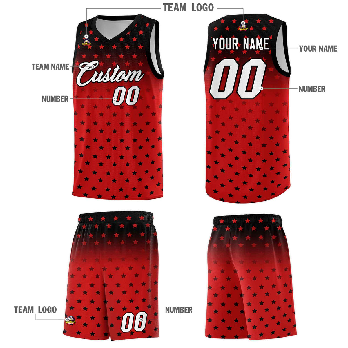 Custom Black Red Gradient Start Pattern Basketball Jersey Kits|KXKSHOP