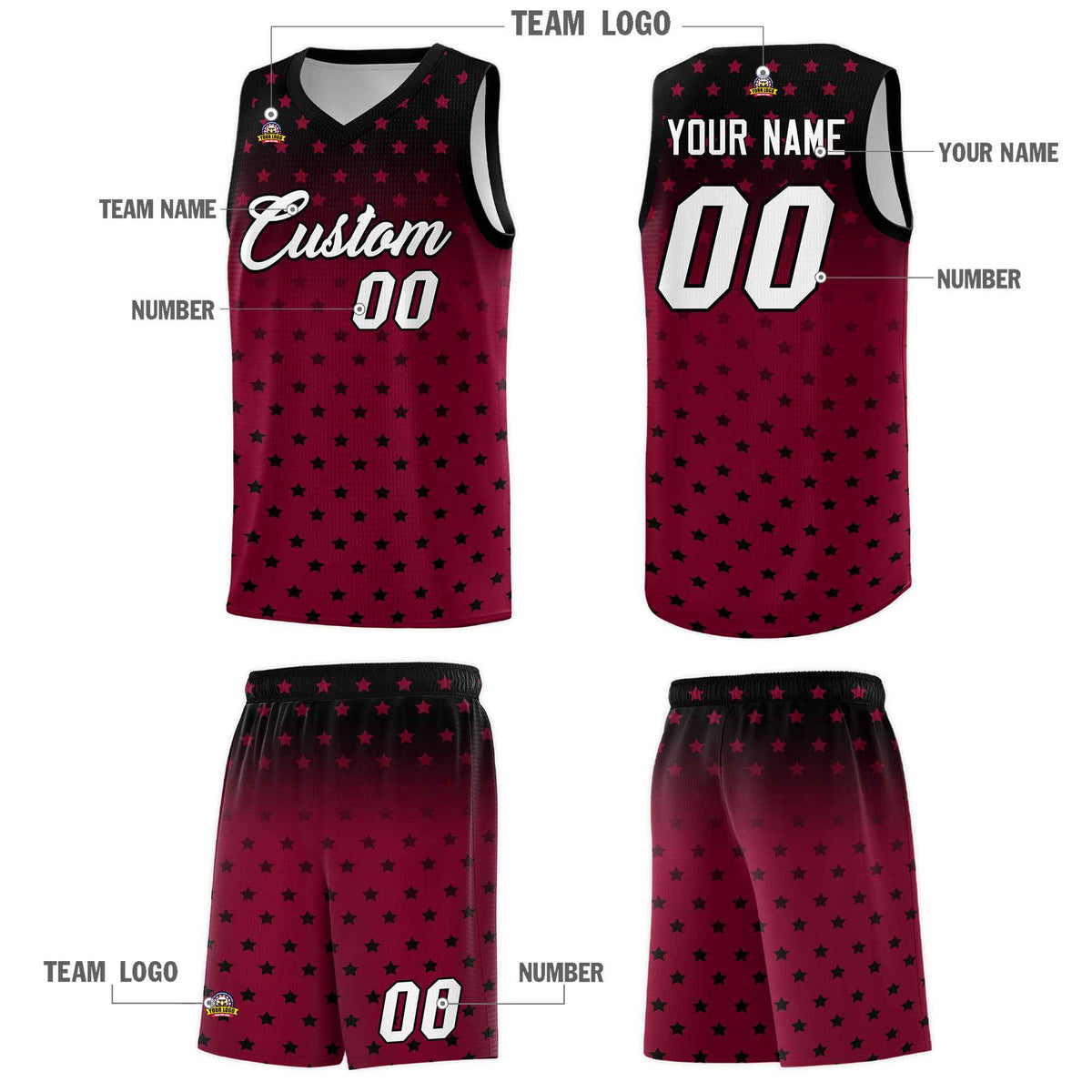 Custom Black Crimson Gradient Start Pattern Basketball Jersey Kits|KXKSHOP