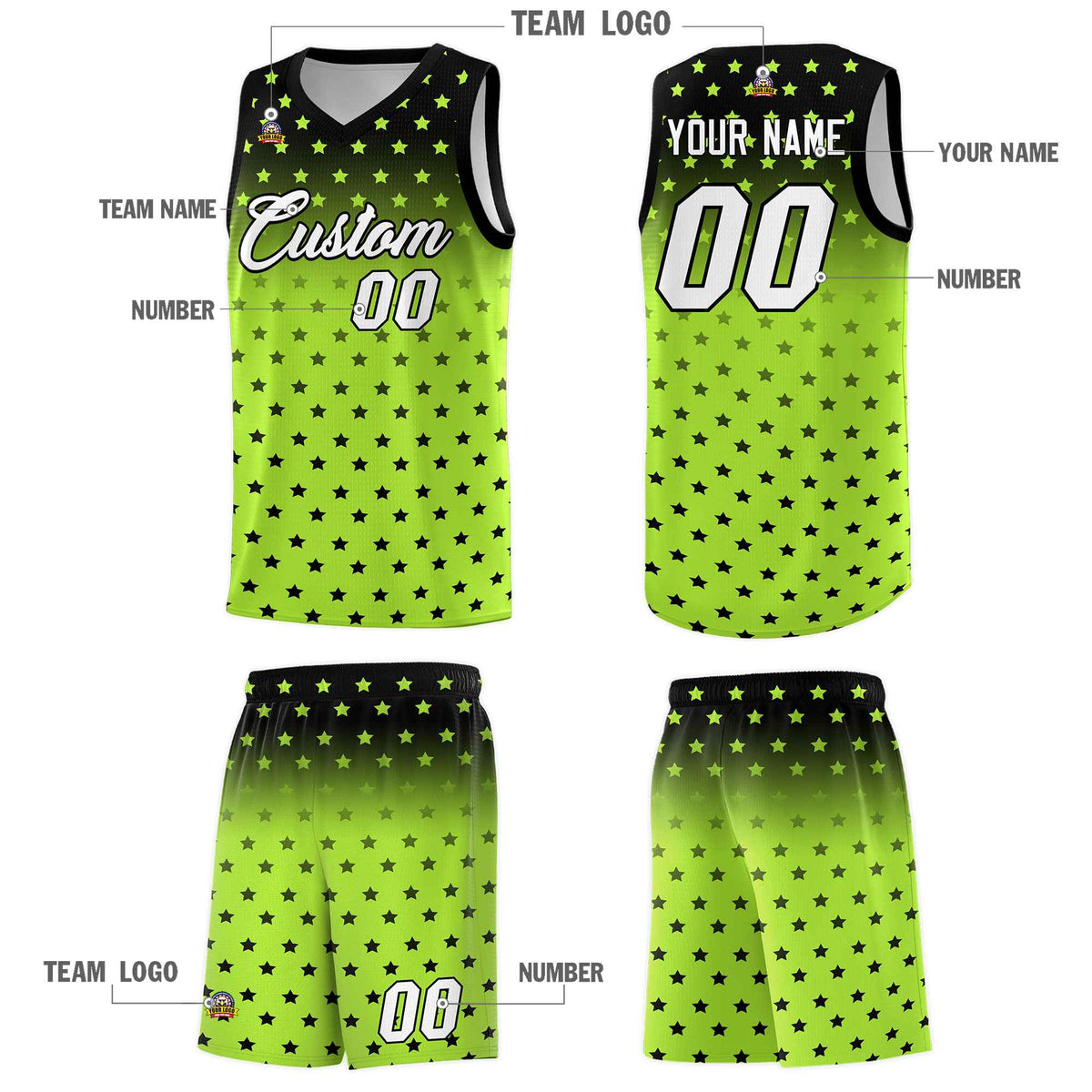 Custom Black Light Green Gradient Start Pattern Basketball Jersey Kits|KXKSHOP
