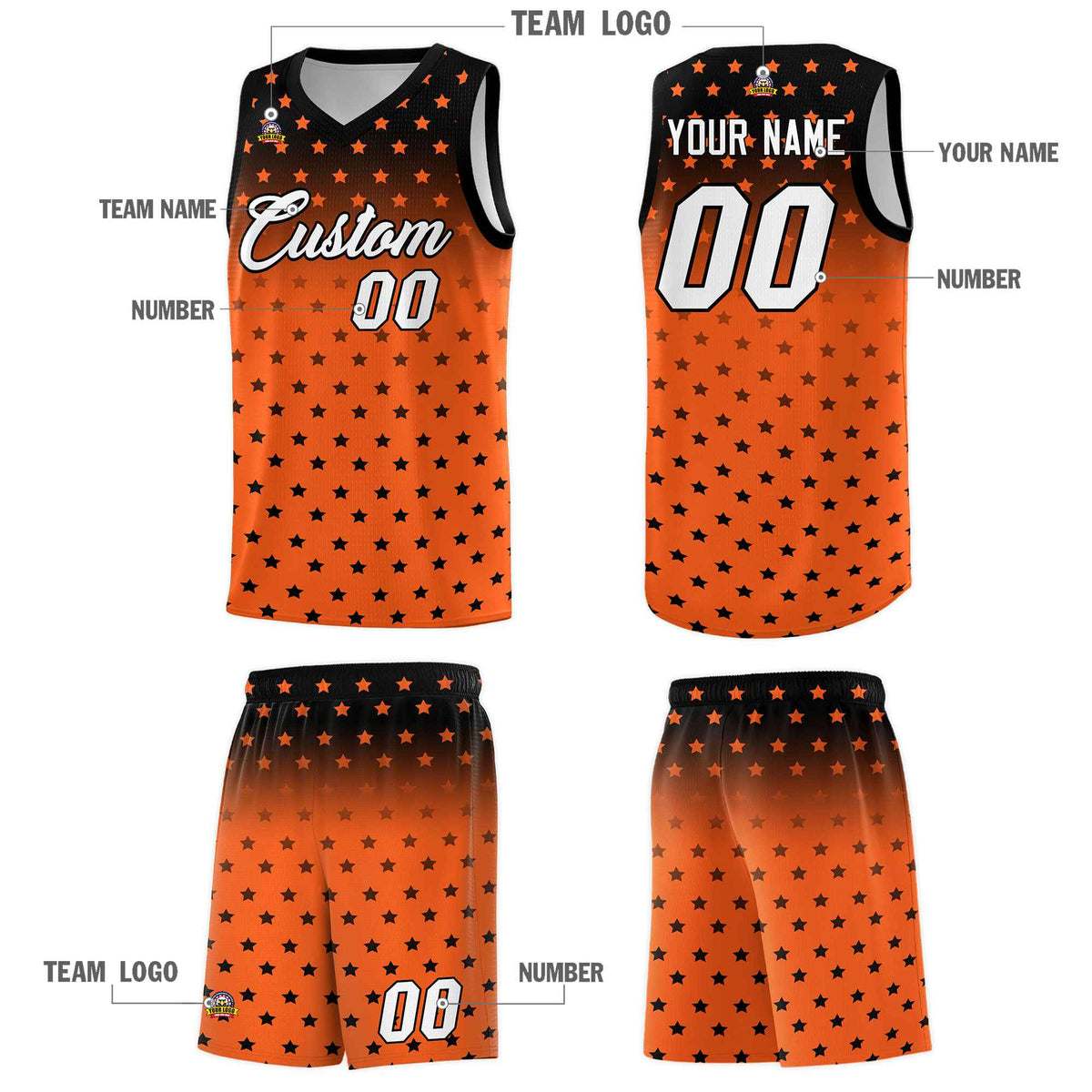 Custom Black Orange Gradient Start Pattern Basketball Jersey Kits|KXKSHOP