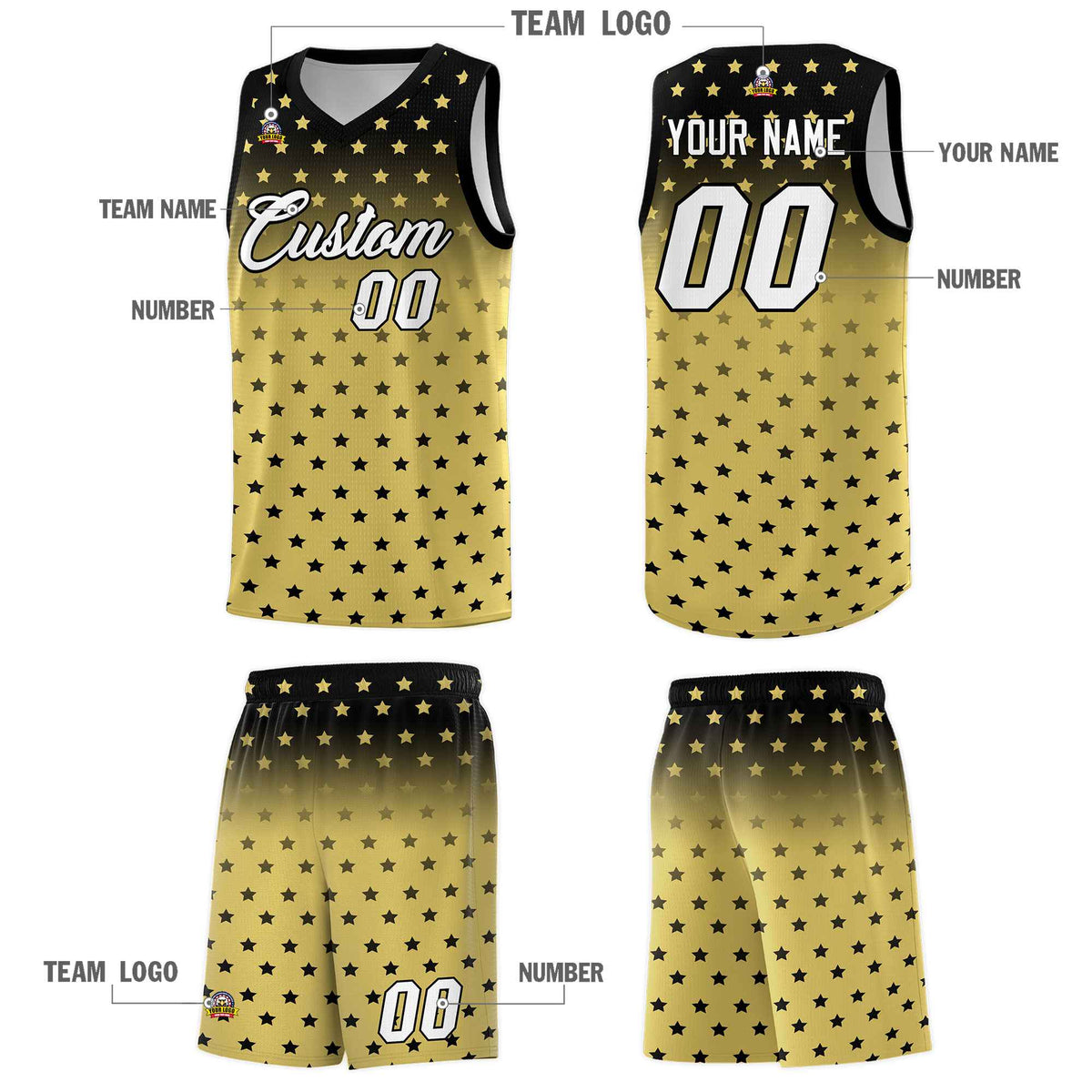 Custom Black Old Gold Gradient Start Pattern Basketball Jersey Kits|KXKSHOP