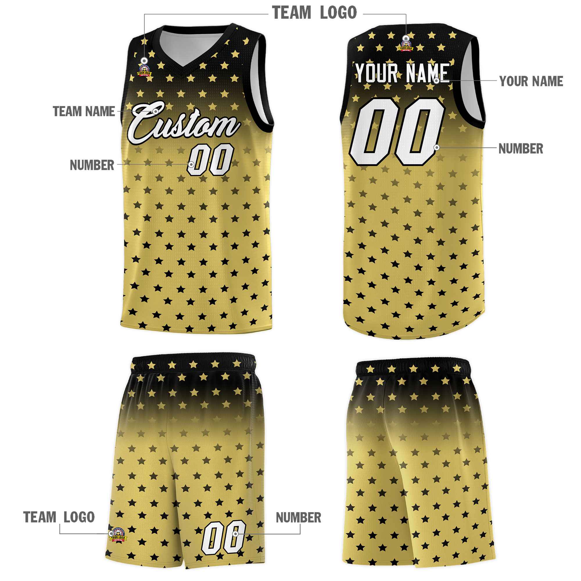Custom Black Old Gold Gradient Start Pattern Basketball Jersey Kits|KXKSHOP