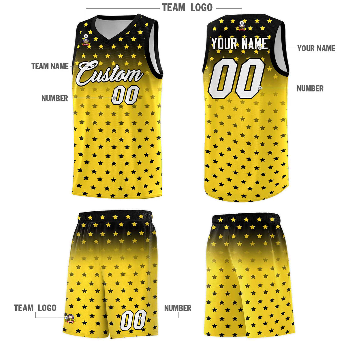 Custom Black Gold Gradient Start Pattern Basketball Jersey Kits|KXKSHOP