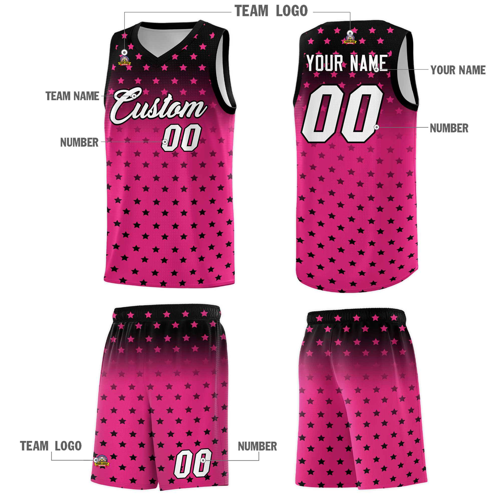 Custom Black Pink Gradient Start Pattern Basketball Jersey Kits|KXKSHOP
