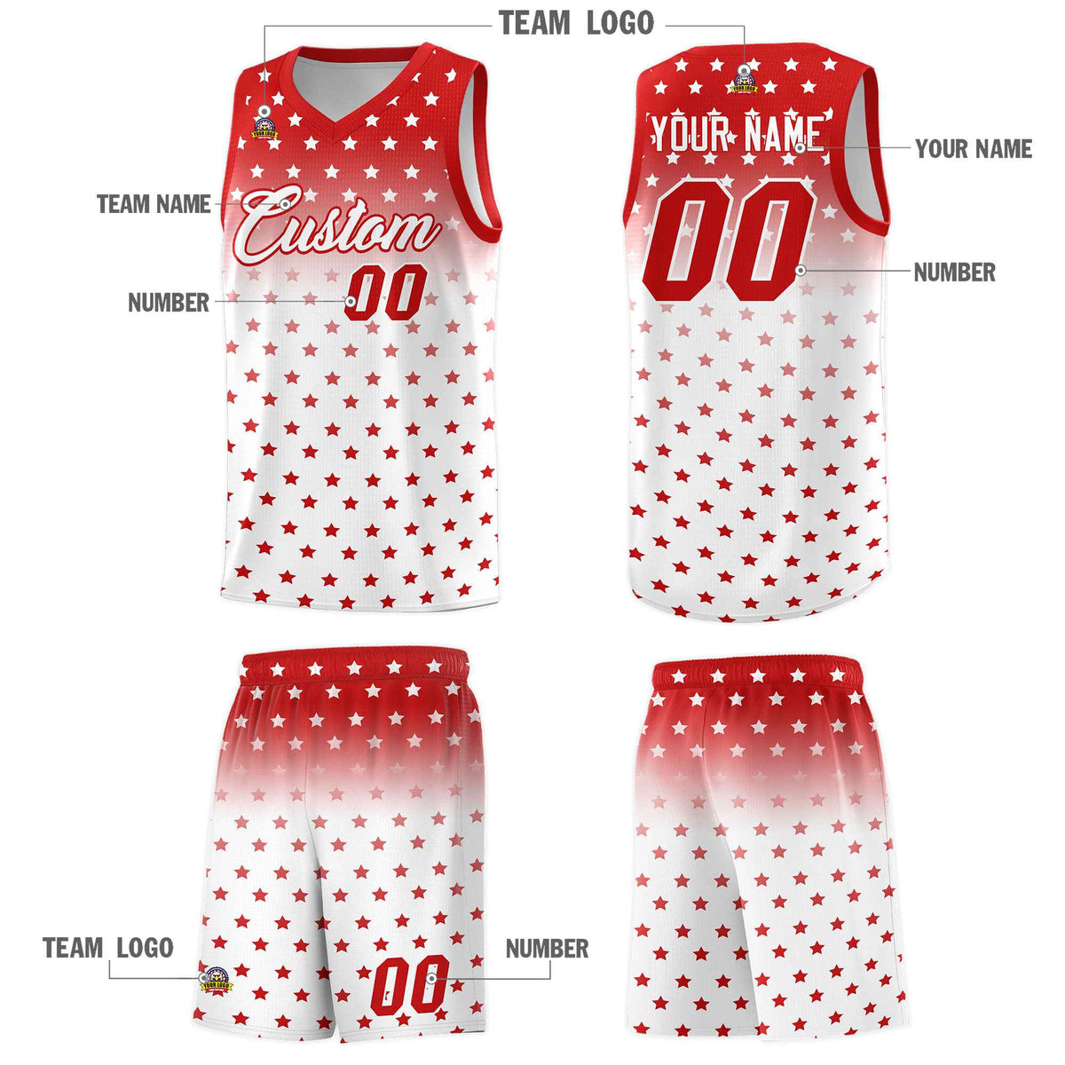 Custom Red White Gradient Start Pattern Basketball Jersey Kits|KXKSHOP