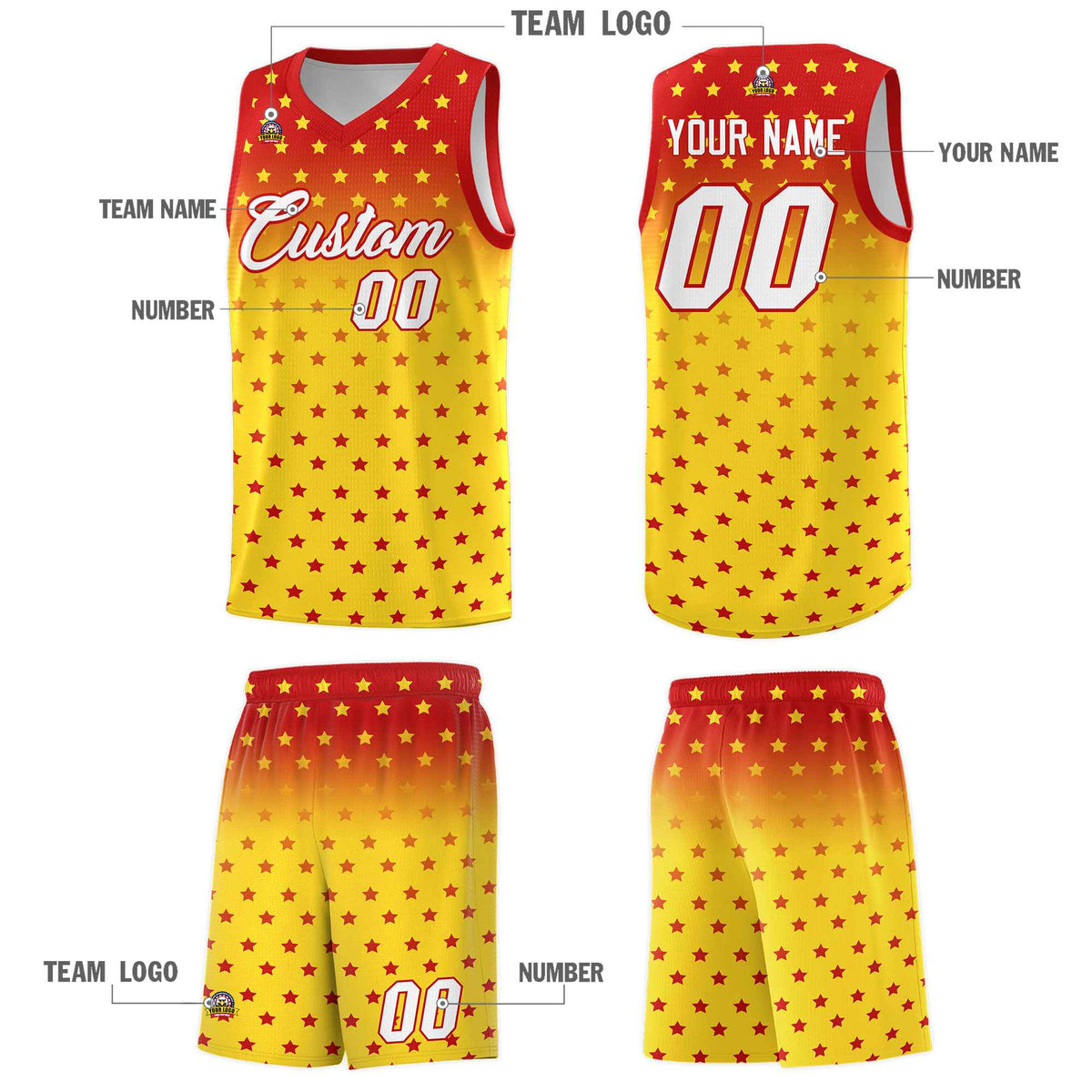 Custom Red Gold Gradient Start Pattern Basketball Jersey Kits|KXKSHOP