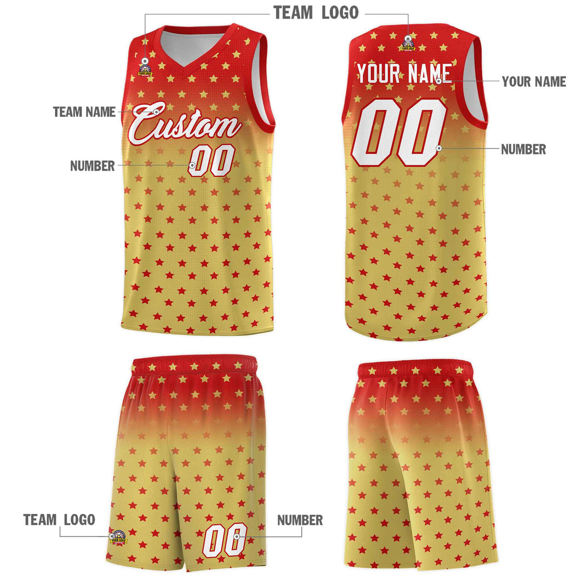 Custom Red Old Gold Gradient Start Pattern Basketball Jersey Kits|KXKSHOP