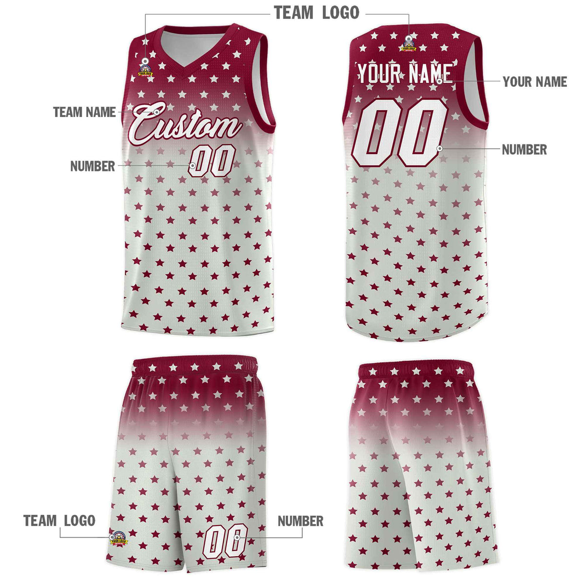 Custom Crimson Gray Gradient Start Pattern Basketball Jersey Kits|KXKSHOP