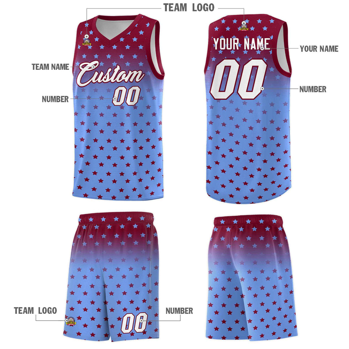 Custom Crimson Light Blue Gradient Start Pattern Basketball Jersey Kits|KXKSHOP