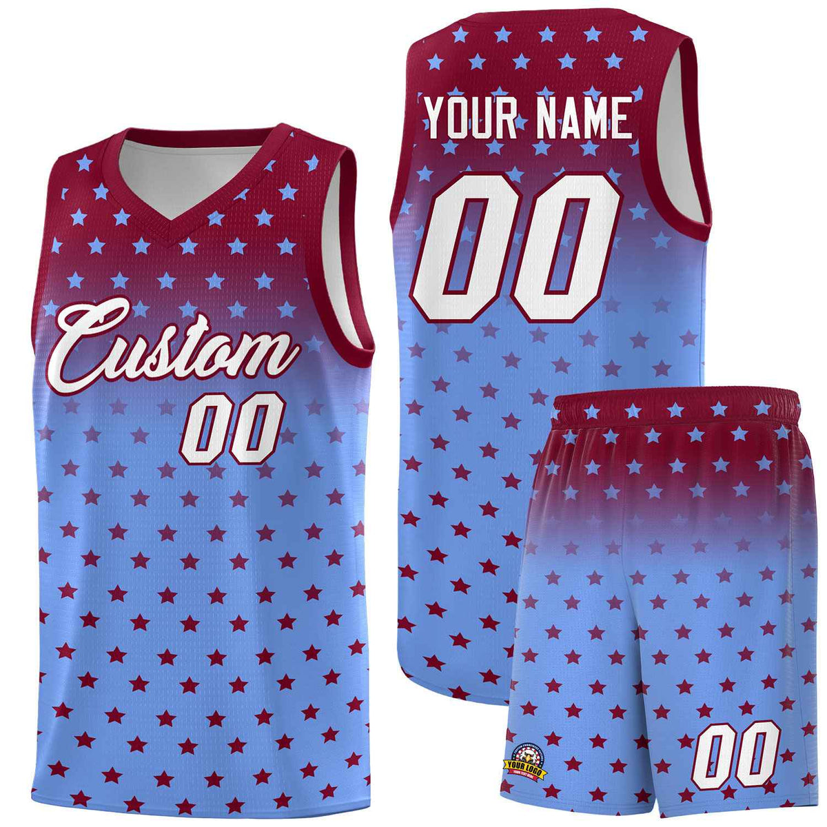 Custom Crimson Light Blue Gradient Start Pattern Basketball Jersey Kits|KXKSHOP