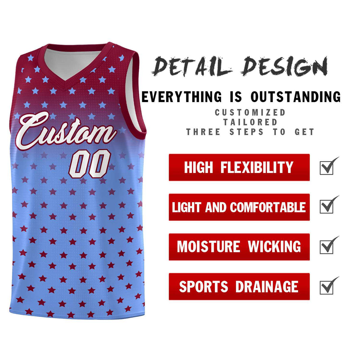 Custom Crimson Light Blue Gradient Start Pattern Basketball Jersey Kits|KXKSHOP