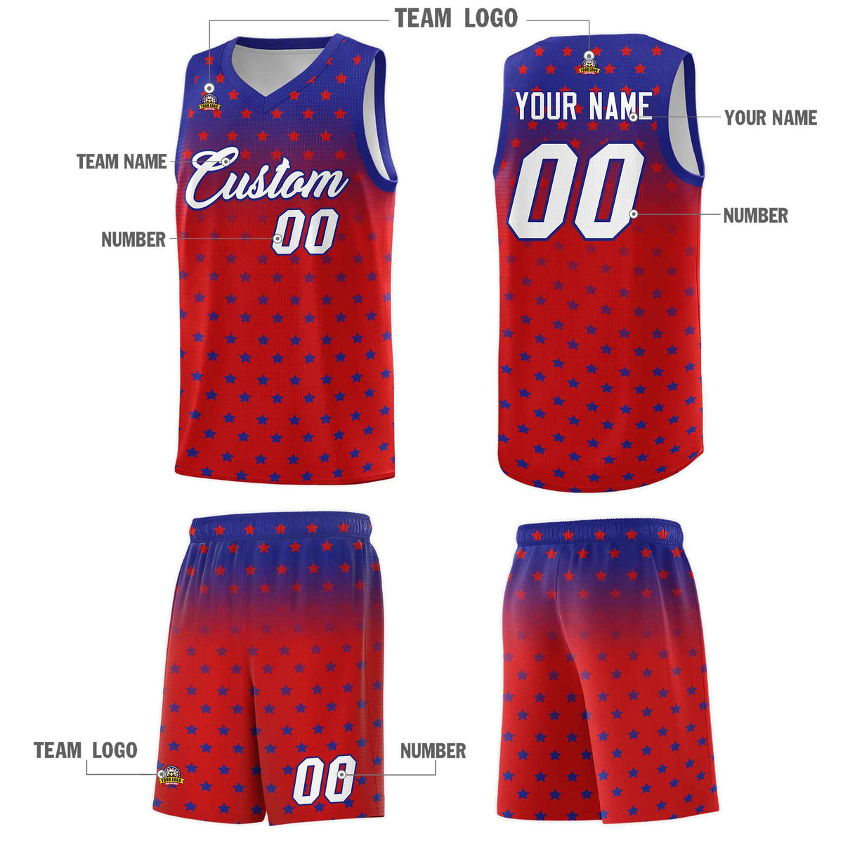 Custom Royal Red Gradient Start Pattern Basketball Jersey Kits|KXKSHOP