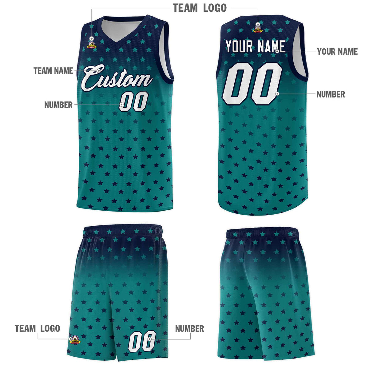 Custom Navy Aqua Gradient Start Pattern Basketball Jersey Kits|KXKSHOP