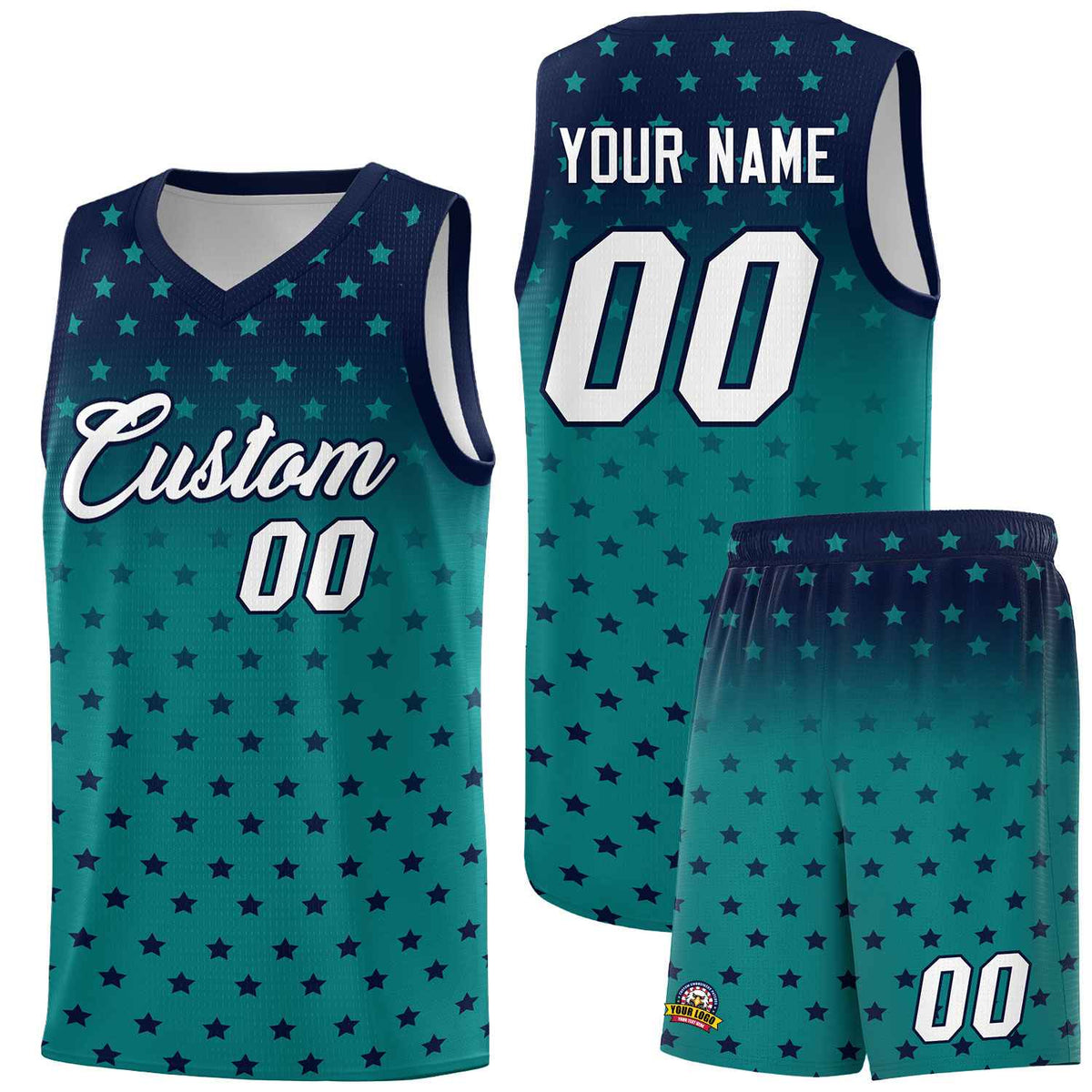 Custom Navy Aqua Gradient Start Pattern Basketball Jersey Kits|KXKSHOP