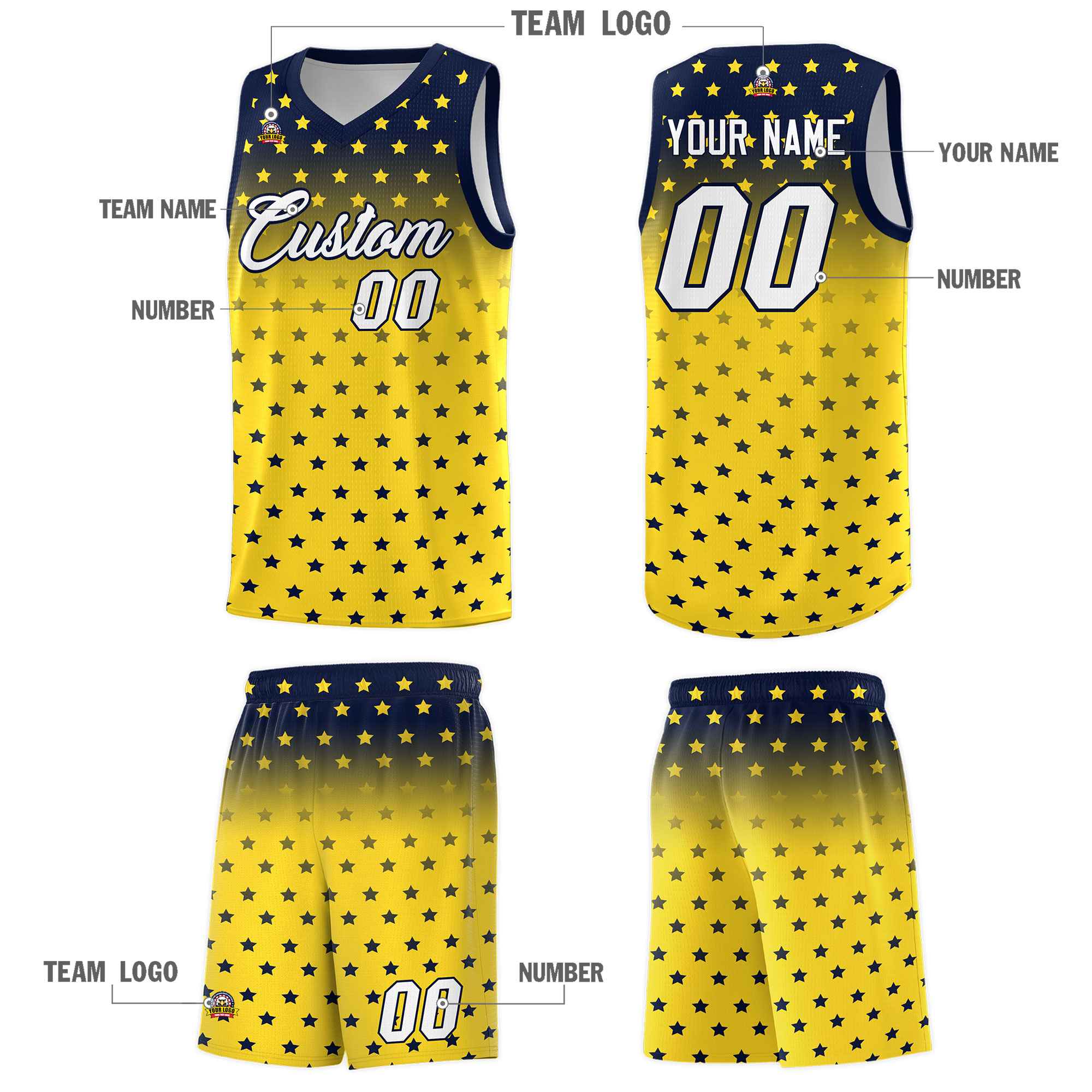 Custom Navy Gold Gradient Start Pattern Basketball Jersey Kits|KXKSHOP