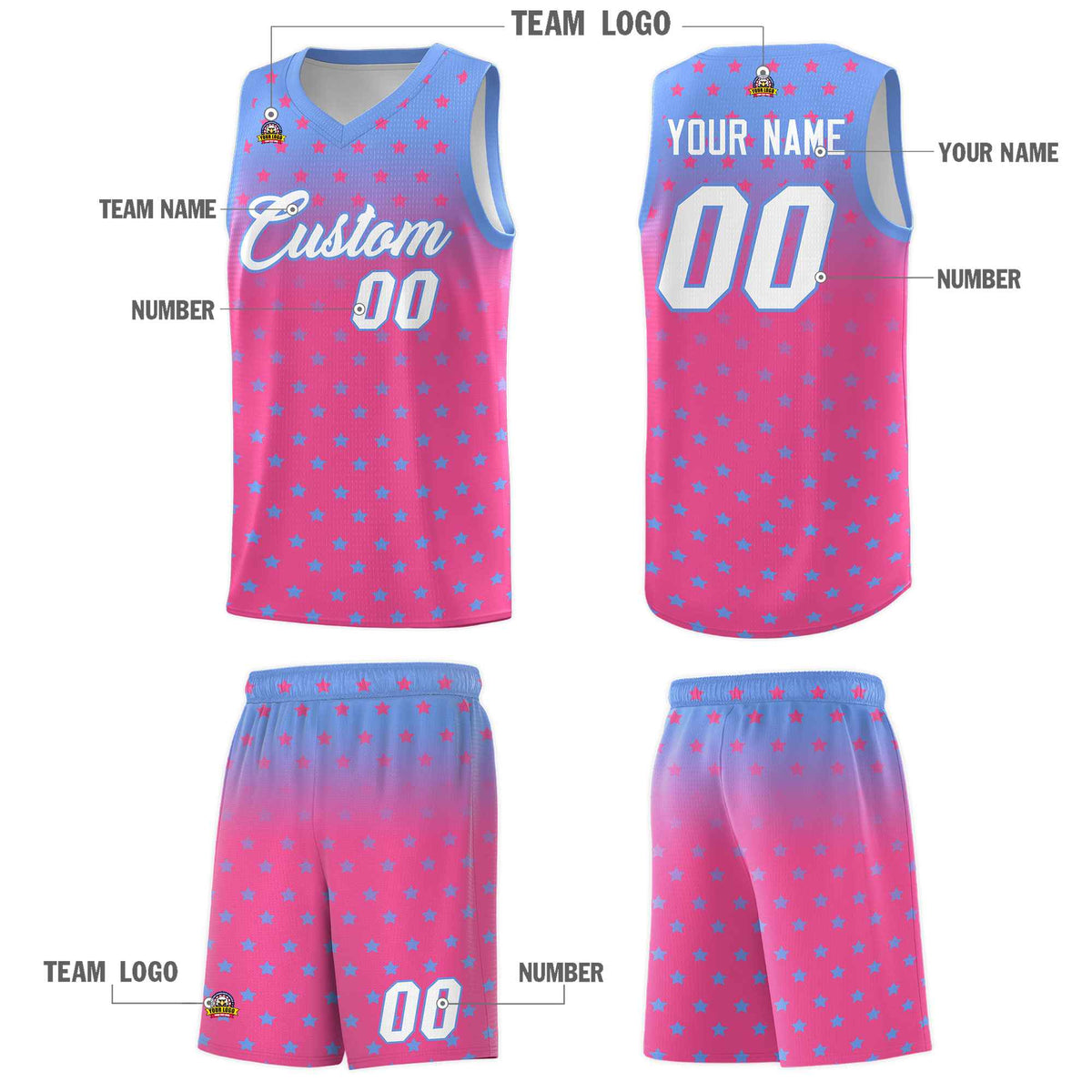 Custom Light Blue Pink Gradient Start Pattern Basketball Jersey Kits|KXKSHOP