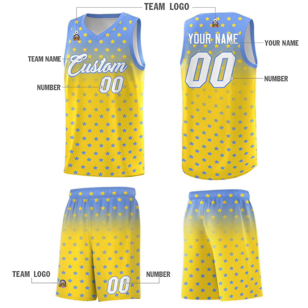 Custom Light Blue Gold Gradient Start Pattern Basketball Jersey Kits|KXKSHOP
