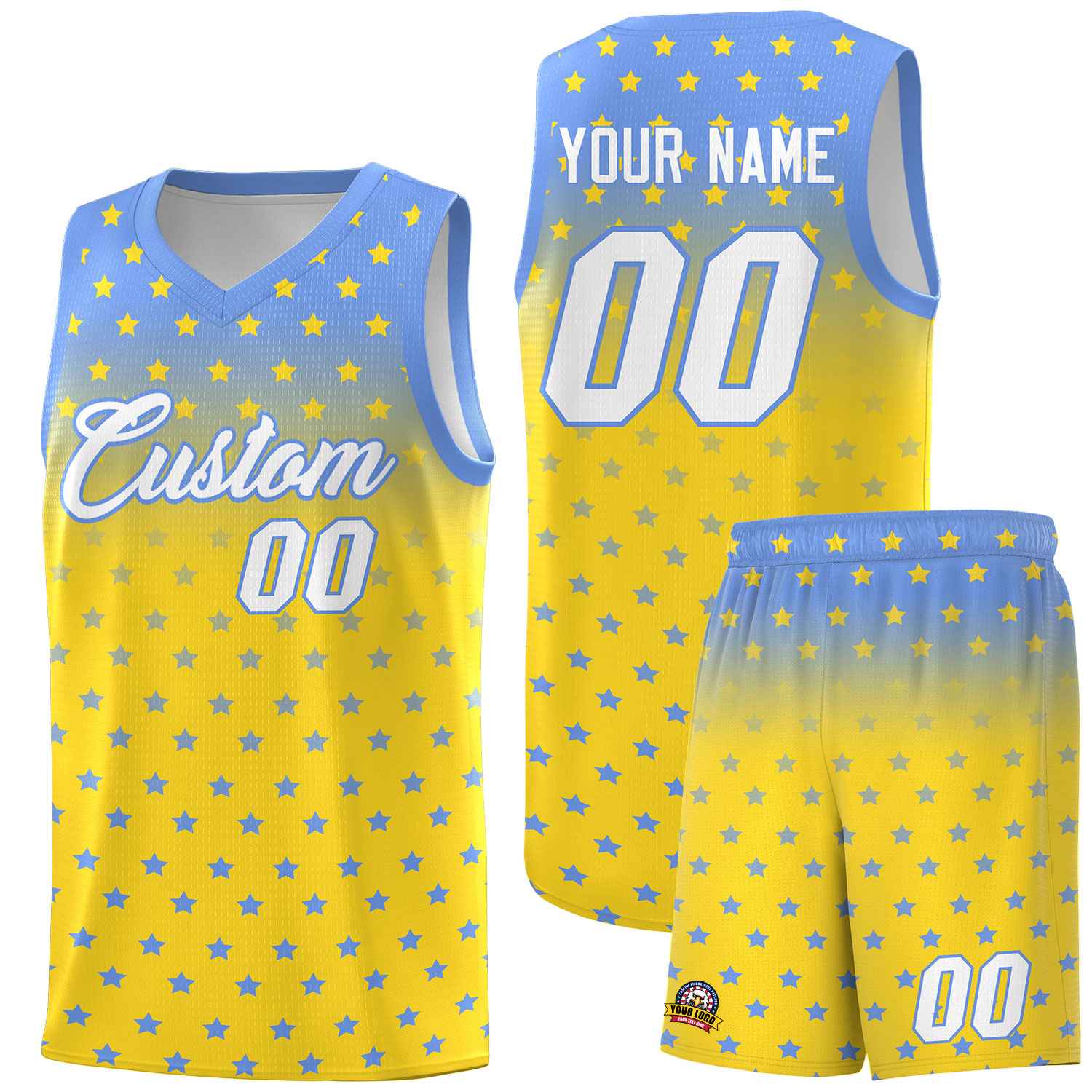 Custom Light Blue Gold Gradient Start Pattern Basketball Jersey Kits|KXKSHOP