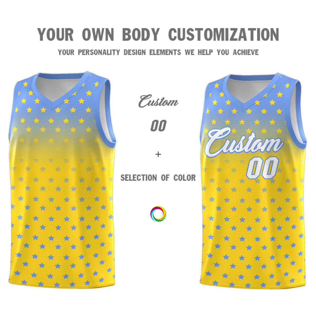 Custom Light Blue Gold Gradient Start Pattern Basketball Jersey Kits|KXKSHOP