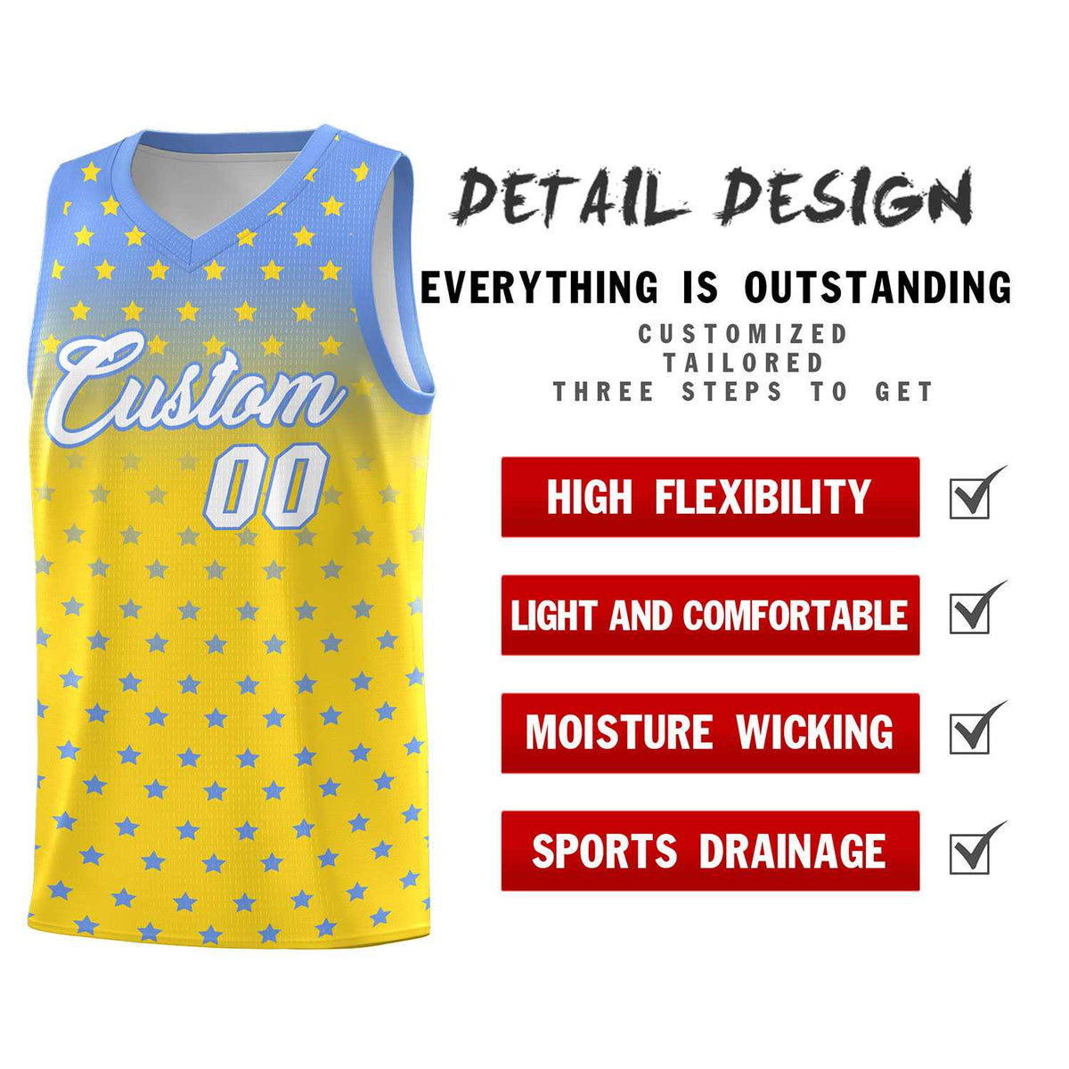 Custom Light Blue Gold Gradient Start Pattern Basketball Jersey Kits|KXKSHOP