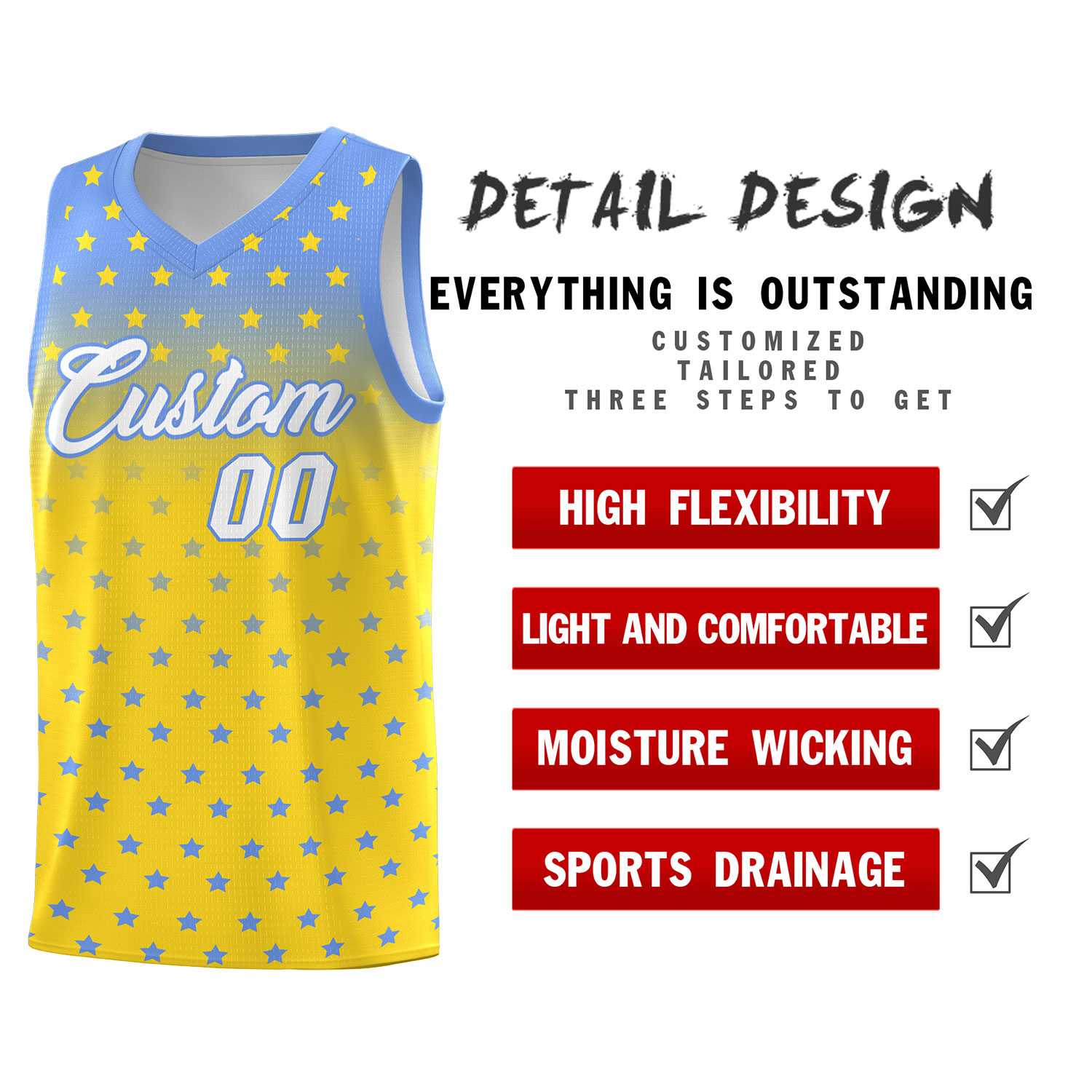 Custom Light Blue Gold Gradient Start Pattern Basketball Jersey Kits|KXKSHOP