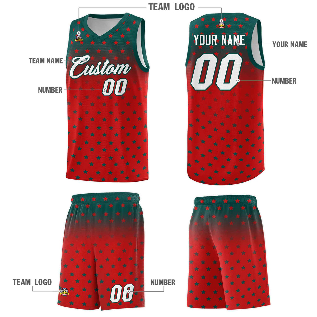 Custom Midnight Green Red Gradient Start Pattern Basketball Jersey Kits|KXKSHOP