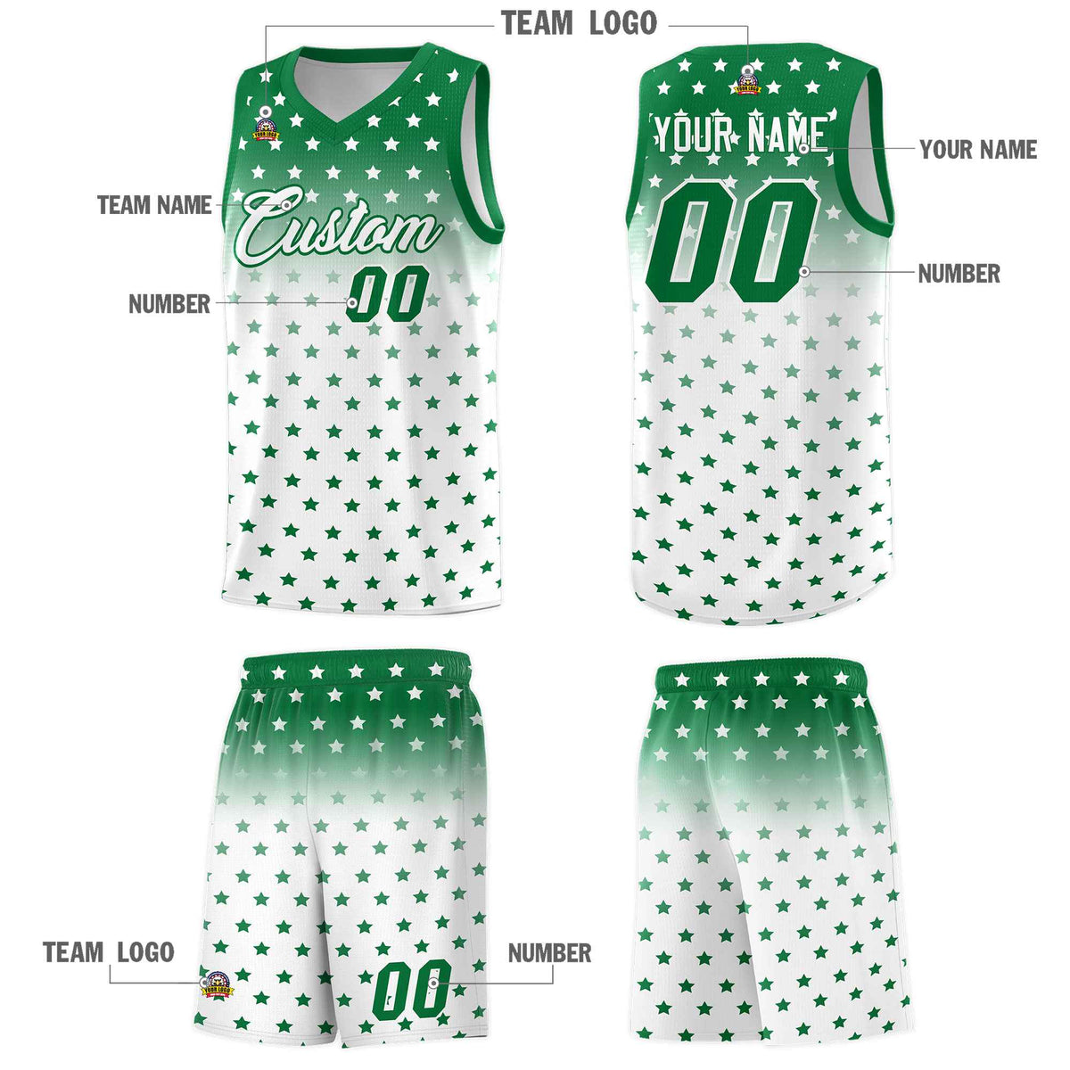 Custom Kelly Green White Gradient Start Pattern Basketball Jersey Kits|KXKSHOP