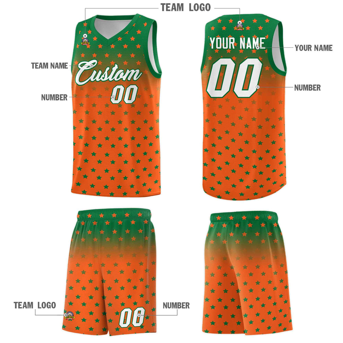 Custom Kelly Green Orange Gradient Start Pattern Basketball Jersey Kits|KXKSHOP